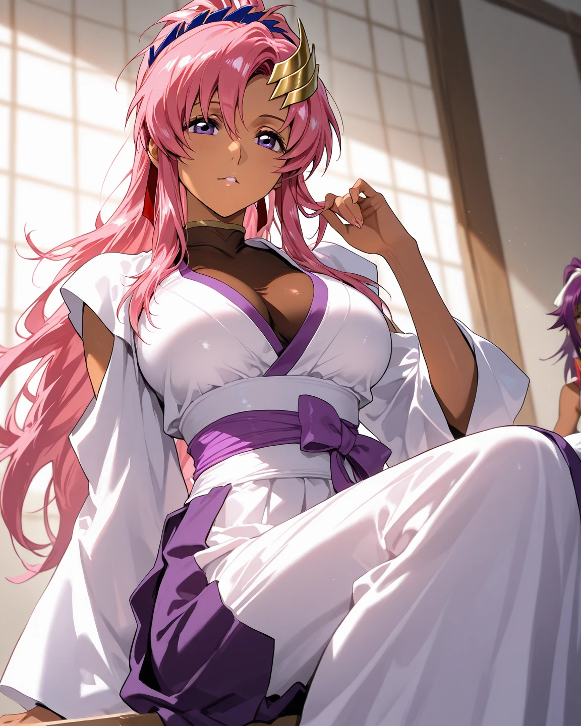 1 girl, pink hair, long hair, pink eyes, smile, sexy body, big breast, HDR, 8K, stand in the center of image looking at you, in the city at night wearing a sexy yukata