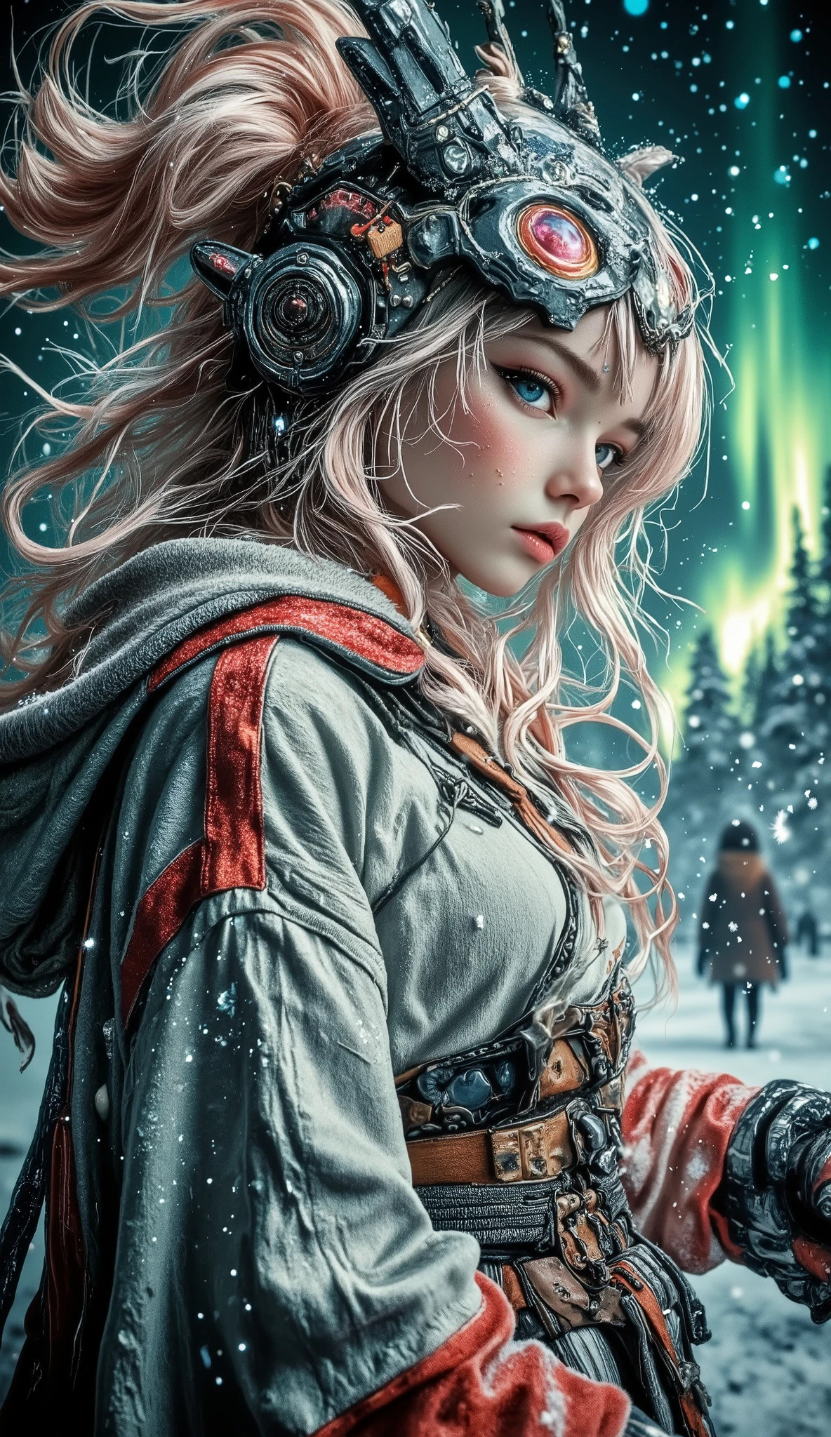 Portrait with raised shoulders at 9:16, executed in clear cinematic realism, with smooth movements and snowflakes hovering. An adult northern woman with alabaster skin and pale gray-blue eyes looks past the camera, her breath is noticeable in the cold air. Her hairstyle is very tall, incredibly complex, and consists of a bizarre tangle of strands, very long, coral-colored, decorated with blue pearls and looking like two tall, beautiful tails. Her deep-sea cape flutters behind her, and delicate snowflakes fall on the owl's feather trim. Her headdress depicts dragon eyes the color of pale snow opal and teeth the color of dawn steel in the shape of dragon claws, and in the center sparkles a cabochon the color of a misty rose. Her tunic, embroidered with soft bronze threads, gently sways in the wind. In the background is the northern lights in a dark sky, the quiet horizon of the tundra, softly illuminated by the shining snow driven by the wind. Color palette: winter greenish-blue (dominant), soft bronze (warm shade), dawn steel (cold shade), misty rose (accent), snow opal (variant), cloudy ash (neutral). Ultra-detailed frosty mysticism, hyper-realistic textures, emphasis on hairstyle.