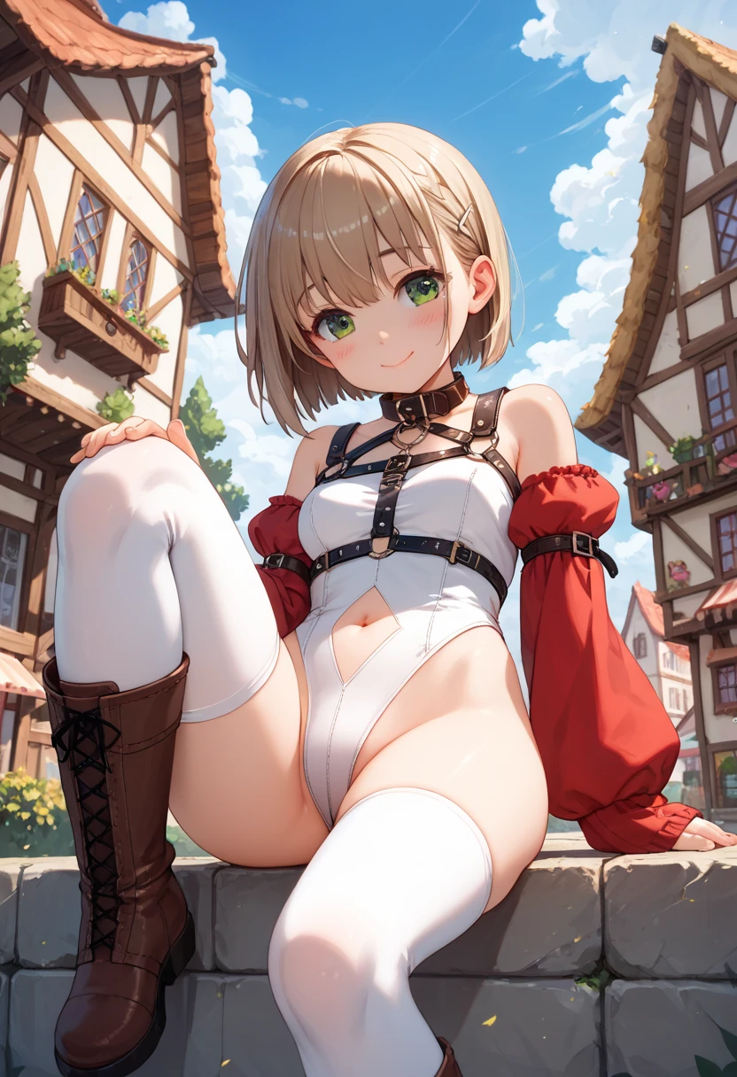 ,1young_teen_ girl,brown_hair,medium_bob_hair,platina_blond_hair,white_leotard,covered_crotch,thigh-highs,smile,standing,bluesky_landscape_background,slightly_spread_legs,happiness, short_gloves ,solo, r18, navel,relicbuster,short,boots,open_mouth,sitting,knees,bunny_ears,pov