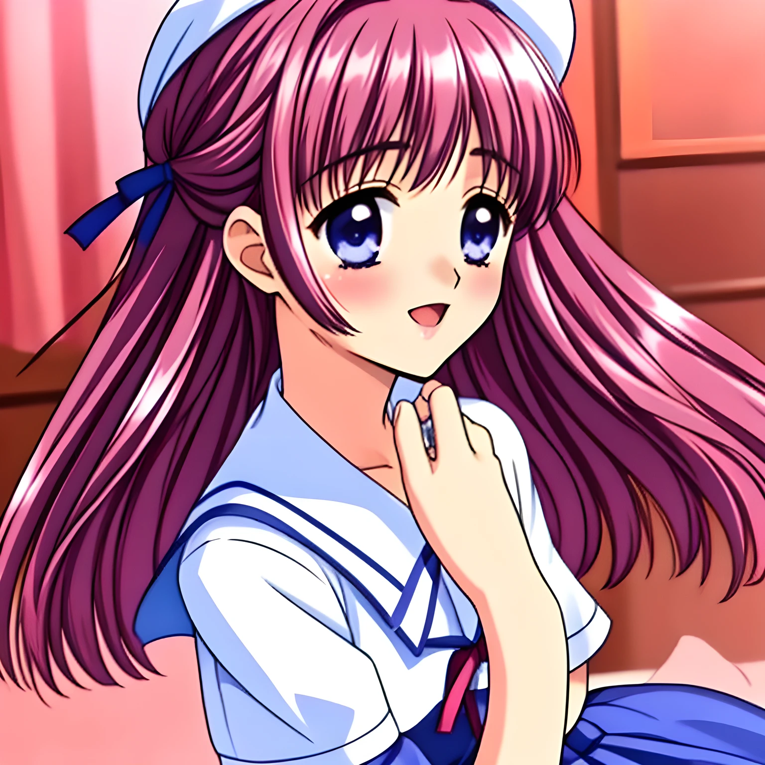 (highest quality, masterpiece:1.2), highest quality, High resolution, 1080p, 8K, 20yo, (beautifully detailed Da Capo blue deep-plaid school uniform and deep-blue plaid skirt with detailed), ((Kotori Shirakawa as a opera singer, solo choir, Happiest Fortissimo)), laughing at me, nothing but lovely pink background, blue eyes, white hat, long hair, sweet beauty, organized very well for the viewer to love her, purity and neatness is very impressing and make pleasure