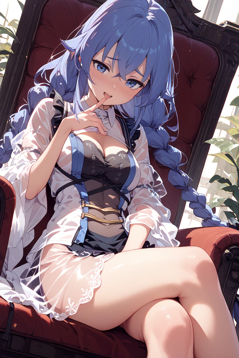 ((Highest quality)), ((masterpiece)), ((detailed)), nsfw, 1girl, 独奏, blue hair, long hair, small breasts, dress, blush, angry, aroused, stand, open legs