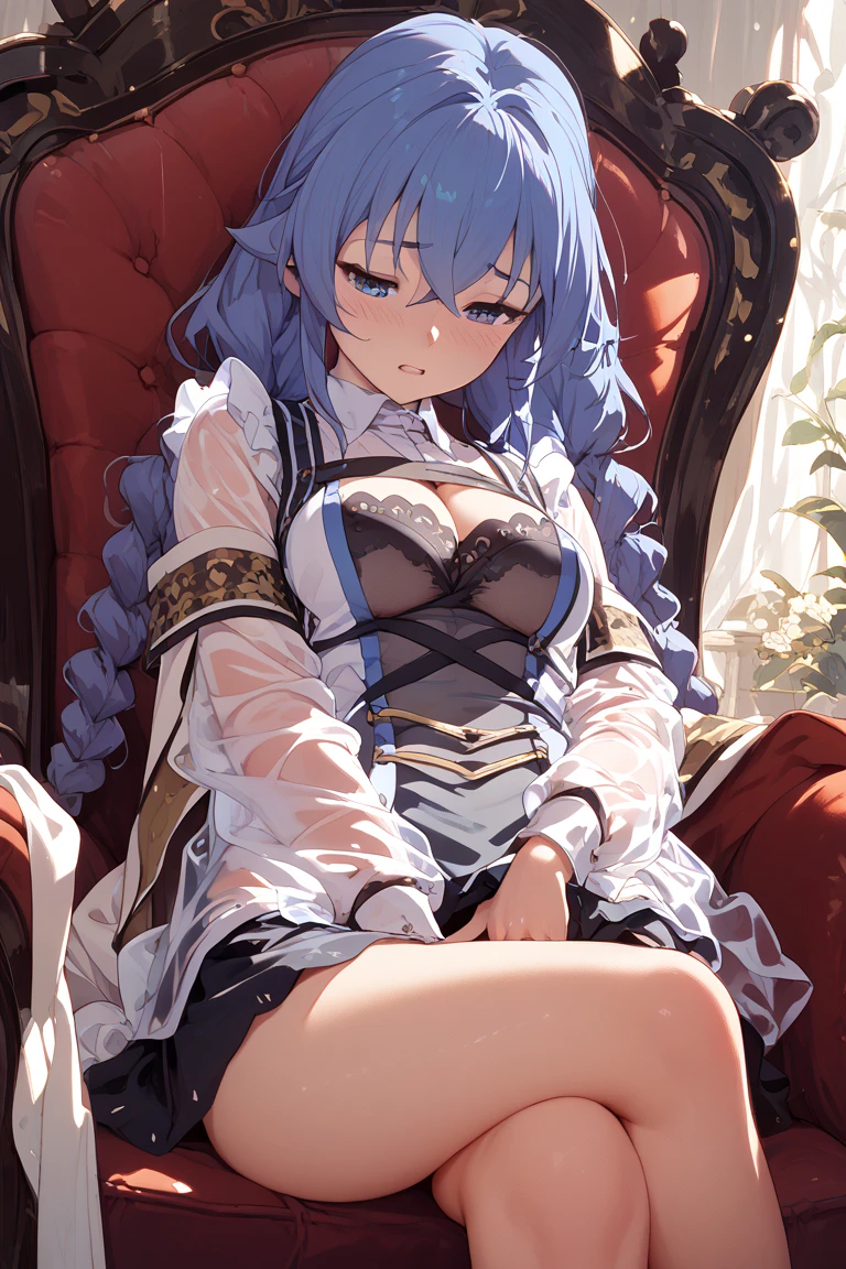 1girl, bare_shoulders, bed, bed_sheet, bedroom, blue_eyes, blue_hair, blush, braid, breasts, cleavage, collarbone, crown_braid, dress, indoors, lamp, large_breasts, long_hair, looking_at_viewer, off_shoulder, on_bed, open_mouth, pillow, puffy_short_sleeves, puffy_sleeves, short_sleeves, smile, solo, very_long_hair,