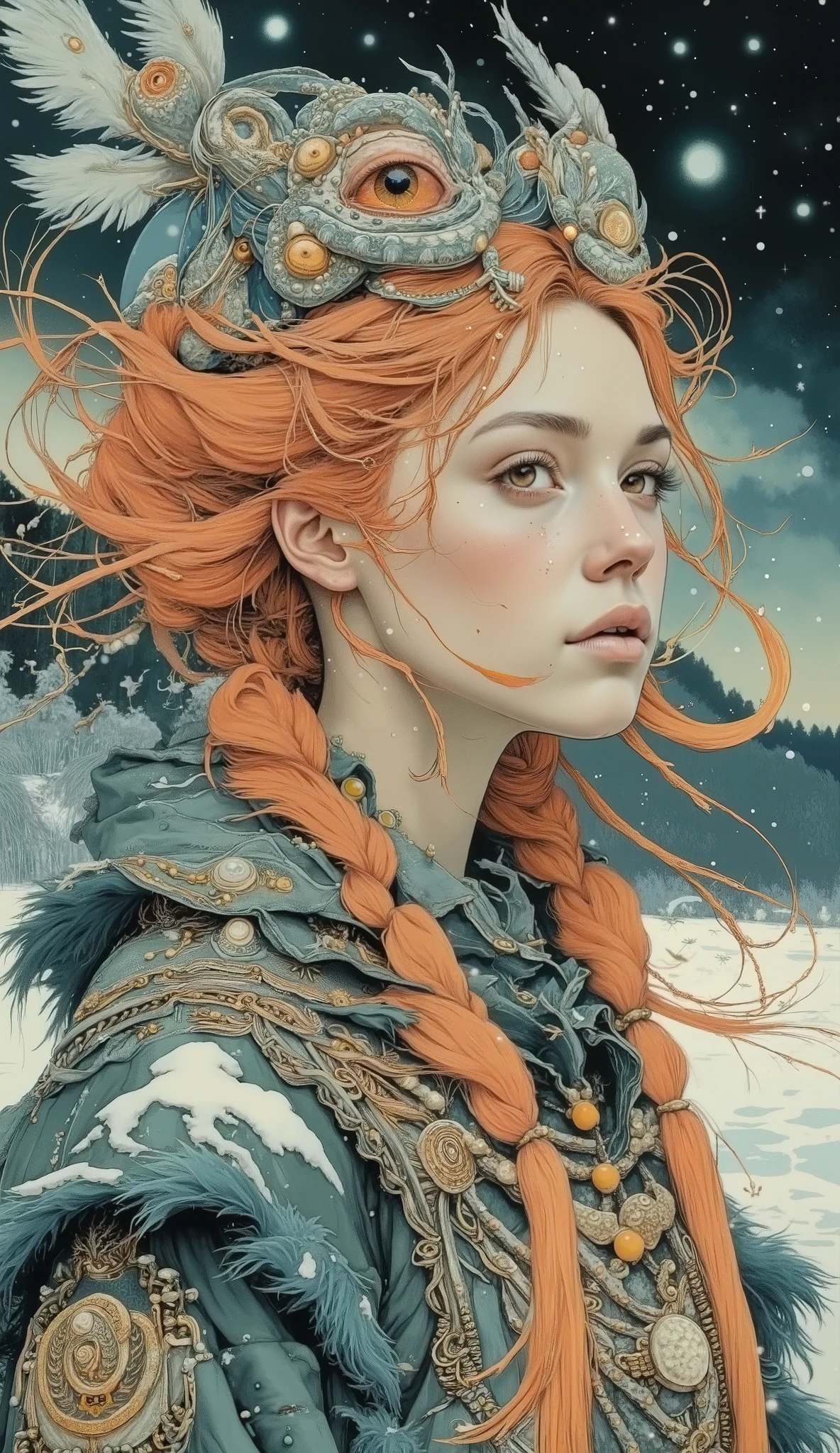 Portrait with raised shoulders at 9:16, executed in clear cinematic realism, with smooth movements and snowflakes hovering. An adult northern woman with alabaster skin and pale gray-blue eyes looks past the camera, her breath is noticeable in the cold air. Her hairstyle is very tall, incredibly complex, and consists of a bizarre tangle of strands, very long, coral-colored, decorated with blue pearls and looking like two tall, beautiful tails. Her deep-sea cape flutters behind her, and delicate snowflakes fall on the owl's feather trim. Her headdress depicts dragon eyes the color of pale snow opal and teeth the color of dawn steel in the shape of dragon claws, and in the center sparkles a cabochon the color of a misty rose. Her tunic, embroidered with soft bronze threads, gently sways in the wind. In the background is the northern lights in a dark sky, the quiet horizon of the tundra, softly illuminated by the shining snow driven by the wind. Color palette: winter greenish-blue (dominant), soft bronze (warm shade), dawn steel (cold shade), misty rose (accent), snow opal (variant), cloudy ash (neutral). Ultra-detailed frosty mysticism, hyper-realistic textures, emphasis on hairstyle.