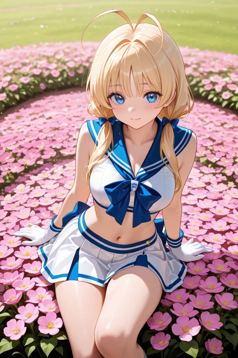 nsfw、BREAK Perfect Anatomy、Highest quality、(cute:1.1)、(cute)、(High resolution:1.2)、Unbelievably absurd:1.3、Incredible illustrations、(cuteイラスト:1.2)、Beautiful background(foreshortening)、(1 girl) 、solo)、(10th Generation、JK、Loli face、Small breasts:1.2)、 Blonde hair and blue eyes, Long twin tail hair,Dark Skin 1:2, Cute Hips, slender、evil grin,(Sleeveless sailor shirt、mini skirt、Micro Shorts、(cameltoe),White garter stockings、、Pom-pom),armpit、standing split legs、Cheerleader