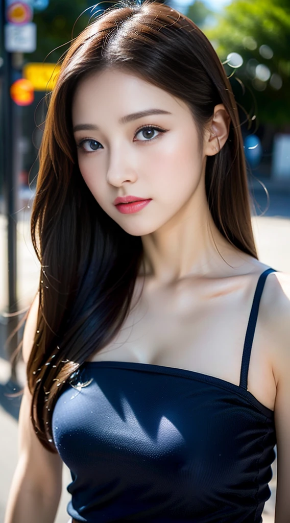 table top, highest quality, figure, super detailed, finely, High resolution, 8k wallpaper, Perfect dynamic composition figure, beautiful and fine eyes, dress,straight long hair, middle of chest, natural color lip, random sexy poses,smile,Aoyama Street Walk、20 year old girl、big breasts:1.2、