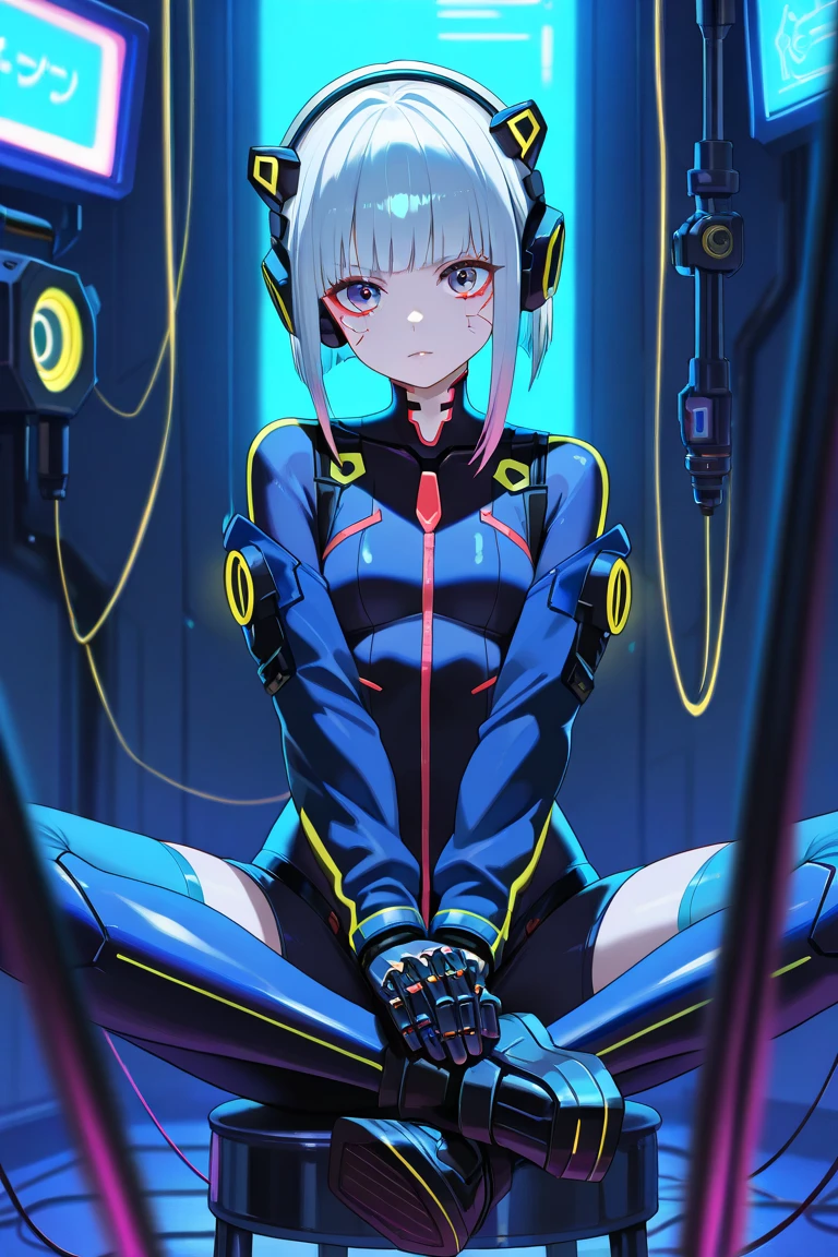 1 Girl, whole body, (space helmet):10,He has a large metal helmet on his head that covers his hair and eyes., tube, wire, She gets electrocuted, brainwashing,astrovest,bing_astronaut,blush,torogao,