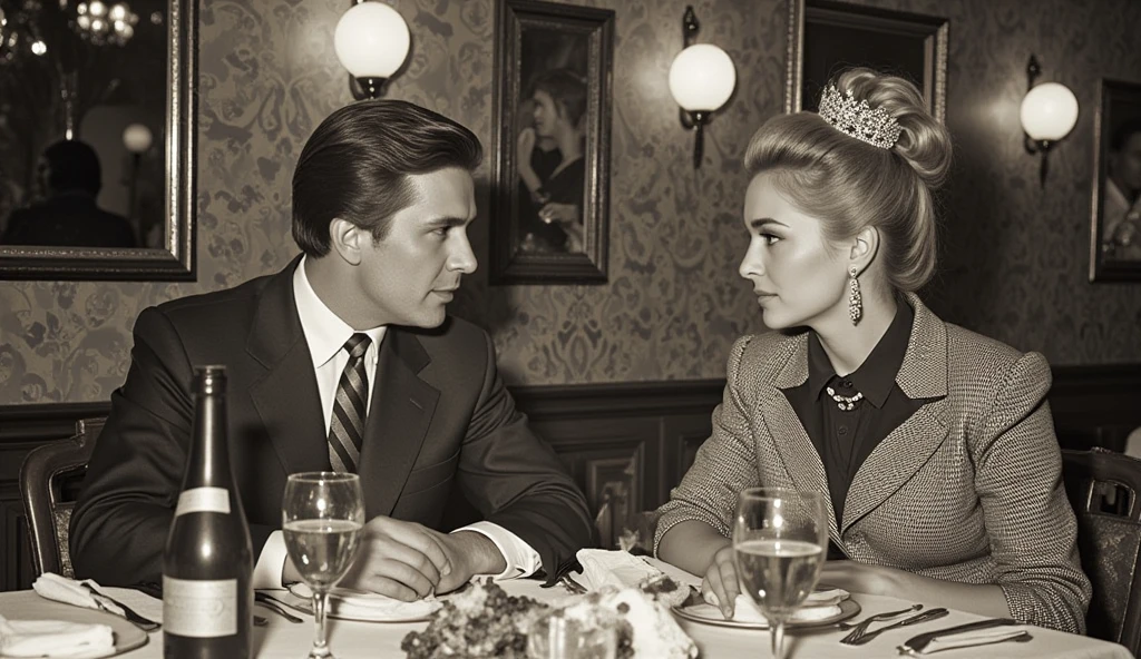 ((best quality)), ((masterpiece)), (detailed), ((couple)) 1woman, very long blonde hair, wearing  dress, having dinner, in London, England , with 1man, ((tall)) , ((muscular)) , ((dark short hair)) , wearing summer suit