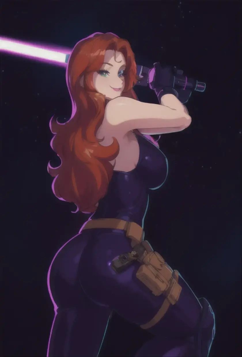 (best quality,8k:1.2,high resolution:1.2), (best quality:1.3), (Detailed face:1.2), (Detailed eyes:1.2), (Perfect figure:1.2), masterpiece, best quality, 8k, artstation, sharp focus, ultra realistic, high details, detailed, ultra-detailed, vintage science fiction, Star Wars based environment, extremely detailed face, long eyelashes, (Mara Jade), Mara Jade Skywalker, long orange hair, bright green eyes, red lipstick, attractive body, athletic figure, bubble butt. She's looking at the camera with a thrilled smile and arrogant smirk. She's wearing a tight shiny black leather suit, black gloves, gun holster, utility belt and high-heel boots. Upper body shot, back view, ass view. She holding a purple lightsaber. Background: Outer Space, stars, cosmic clouds, Chain of fractal nebulae, cosmic, Celestial
