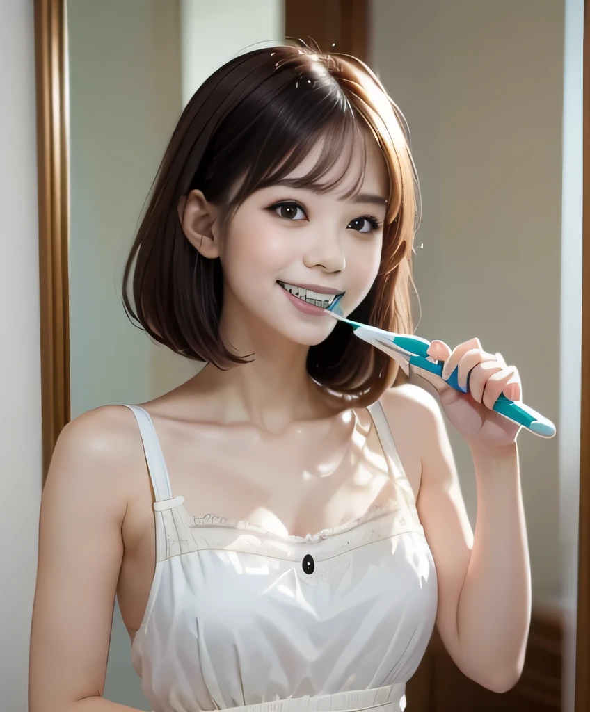 top quality、、 Ultra High Accuracy 、Clear Photo、 professional brushstrokes、( cute 、Yuki Yoda、idol class ) 、 Small Faces 、 VERY SHORT HAIR、 thin waist、 (I can see cleavage、big erect nipples )、( I'm wearing a white camisole:1.4 、 wearing white panties、small low panties )、 バスルームでBrush your teeth、(Brush your teeth:1.4、White toothpaste:1.8、 thin toothbrush :1.8、I have beautiful white teeth that rub my chest from the bottom )、((Face in the mirror :1.6))、full body image in underwear