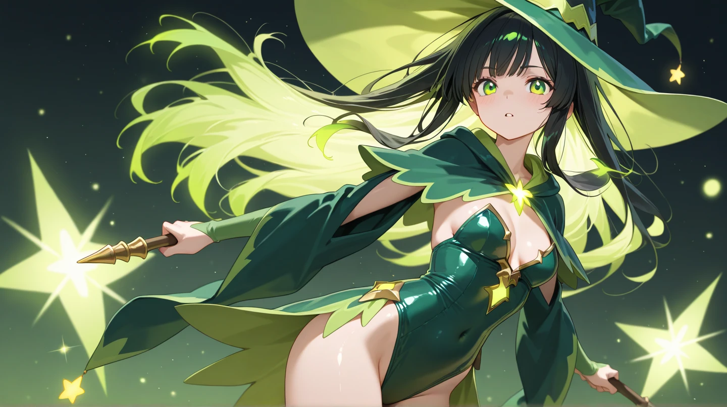 (dark hair with slight blue hue, long hair) , yellow slit eyes, in forest, tight leotard,open on abdomen from cleavage to below belly button with belly showing, massive tits, small green cape over her right shoulder, thigh-high boots, green gloves, snake tattoo on left leg and scales tattoo under her left eye,nice lighting