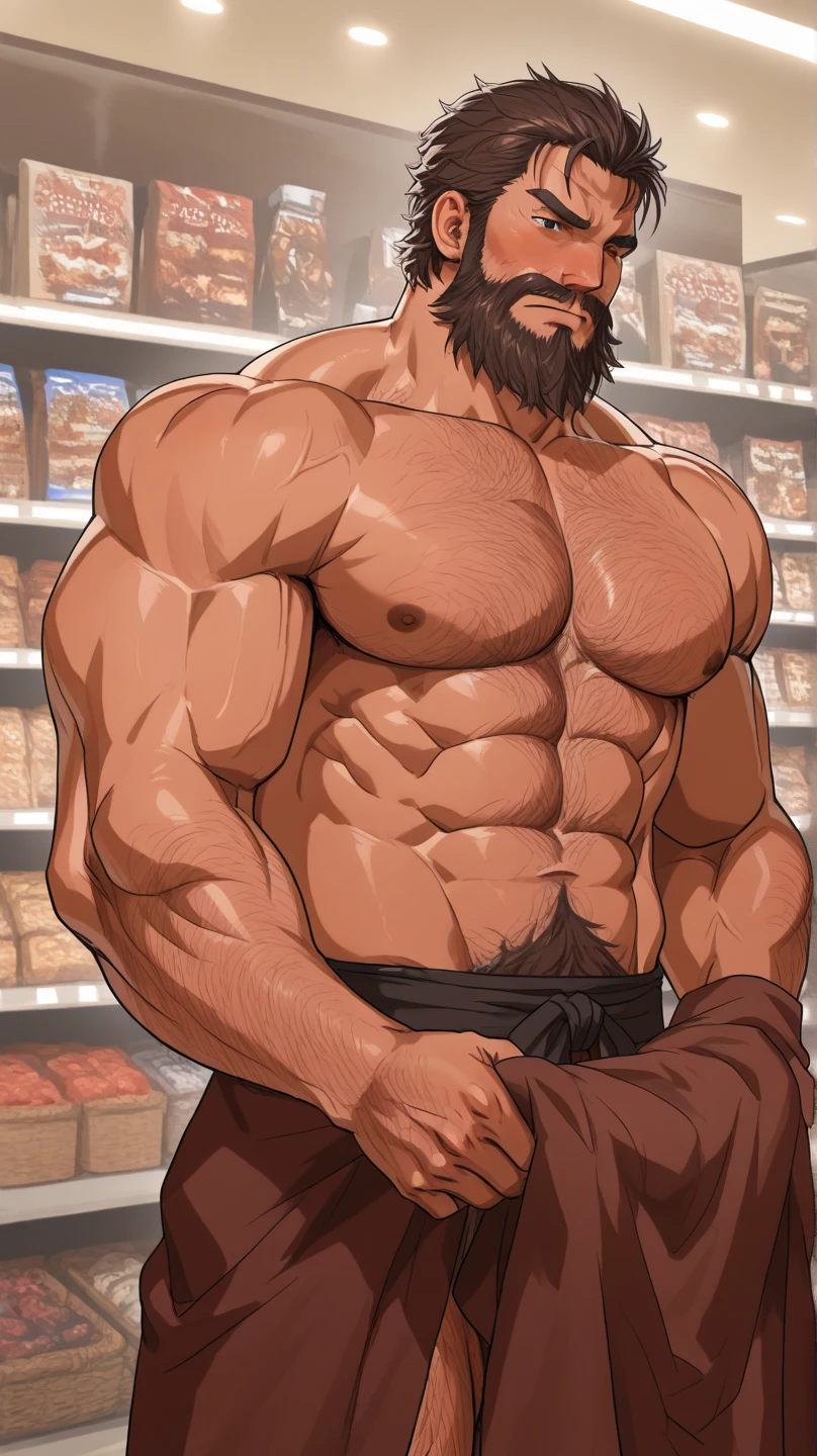 muscular physique、male、40s、Bearded、Completely naked、erection