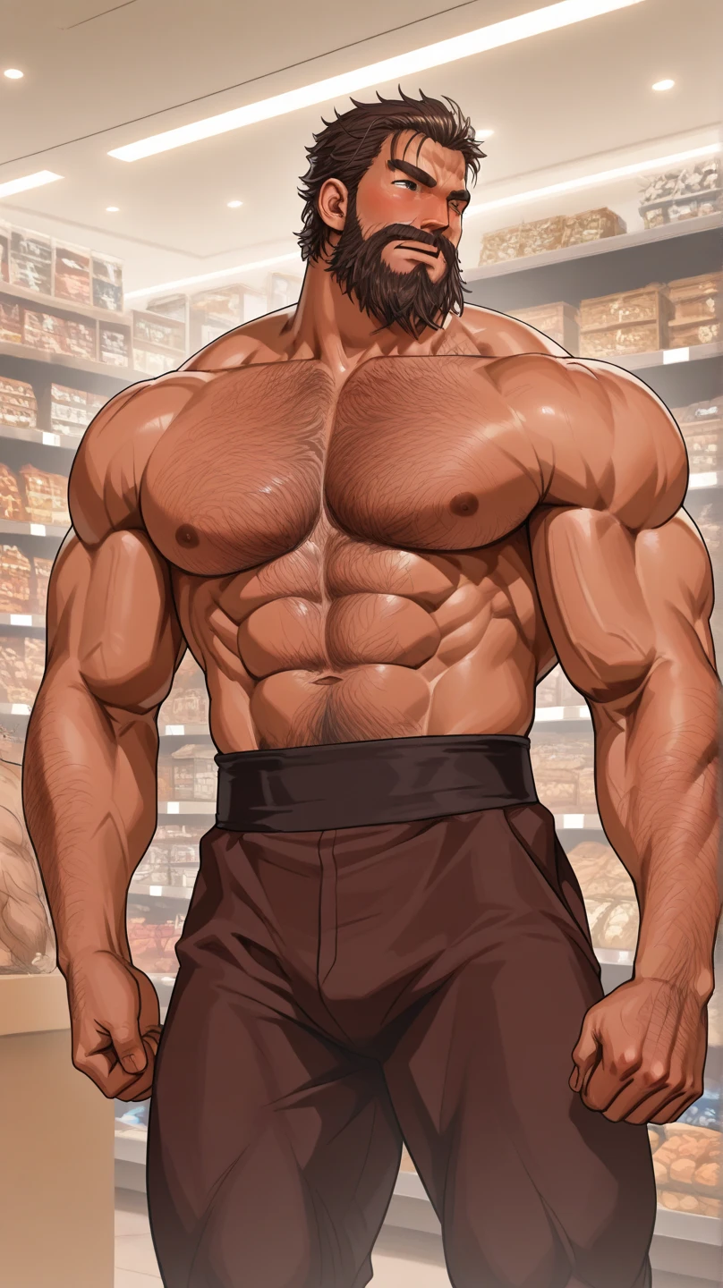 chubby old man in super market, old man, thick arm, huge arm, bearded. white hair and beard, bearded, muscular, pectoral, wide pectoral, realistic, 8k, masterpiece, (wearing shorts and shirtless:1.3, topless, shoes)
