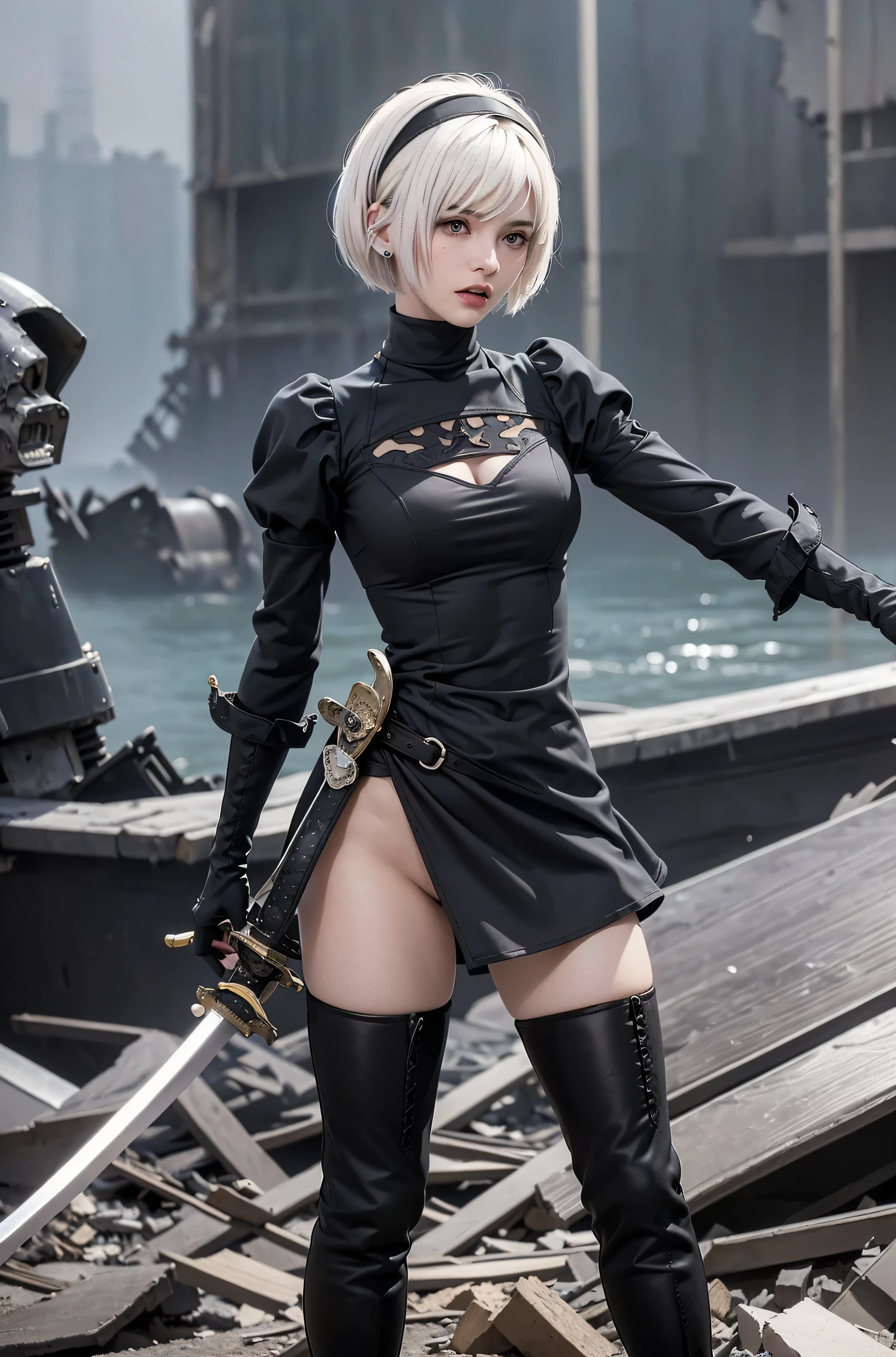 (black short dress:1.3), (spread your legs:1.0), (showing panties:1.0), (white panties:1.4), (black long boots:1.6), (black hair band:1.2), (beautiful face:1.5), (detailed face:1.2),  (masterpiece, best quality:1.4), (In the ruined big city), (remains of large machinery:1.5), (fight against mechanical lifeforms:1.5), (full body shot:1.3), (1girl), (have a big sword:1.7), solo, (beautiful european:1.2), yorha no. 2 type b, (white short hair:1.5),  hyperrealistic, high detailed skin, high quality, highly detailed face, highly detailed skin, skin pores, subsurface scattering, realistic pupils, medium breast, full face blush, full lips, detailed background, depth of field, volumetric lighting, sharp focus, absurdres, realistic proportions, good anatomy, (realistic, hyperrealistic:1.4)