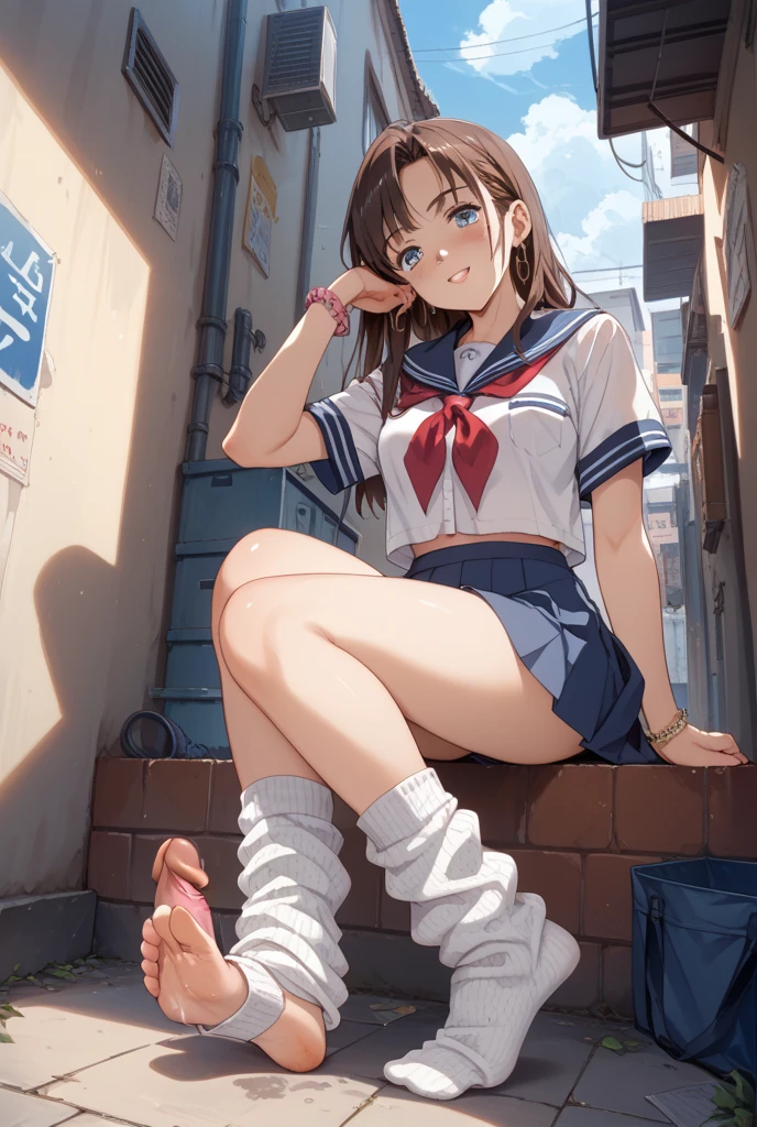 schoolgirl, Brown hair, Medium hair, Sailor suit, (Naked:1.1), Nipples (Blushing:1.0), Detailed face, Roadside, POV crouching,Expose the inside of your legs