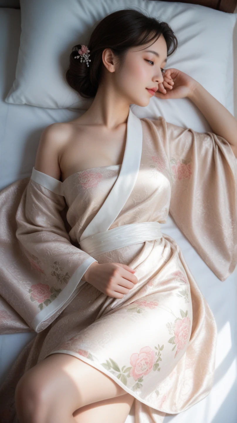 beautiful japanese woman, woman wearing traditional japanese white kimono with flower patterns, woman lying on bed face down in private room,woman with thick luscious bun hairstyle, woman in submissive pose, (best quality,4k,8k,highres,masterpiece:1.2),ultra-detailed,(realistic,photorealistic,photo-realistic:1.37),warm soft lighting,muted color palette,dramatic backlighting,elegant,serene,moody,intimate
