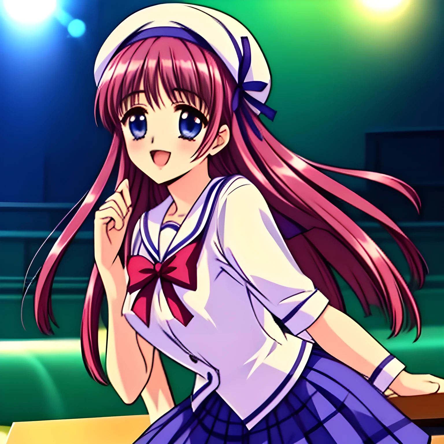 (highest quality, masterpiece:1.2), highest quality, High resolution, 1080p, 8K, 20yo, (beautifully detailed Da Capo blue deep-plaid school uniform and deep-blue plaid skirt with detailed), ((Kotori Shirakawa as a opera singer, solo choir, Happiest Fortissimo)), laughing at me, nothing but deep-green background, blue eyes, white hat, long hair, sweet beauty, organized very well for the viewer to love her with detailed, purity and neatness of the uniform is very impressing and make pleasure