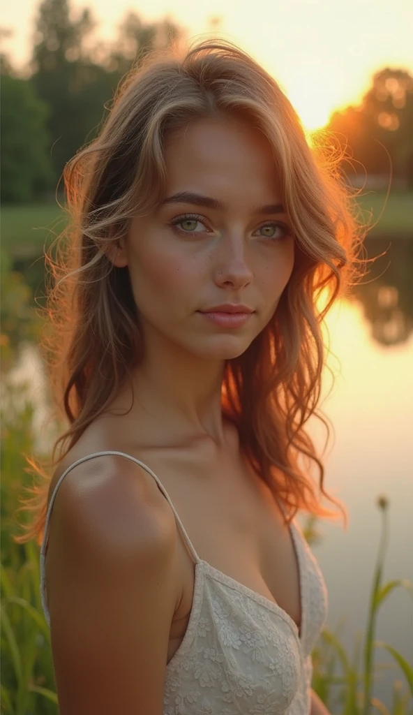 (detailed face, detailed eyes, clear skin, clear eyes), fantasy, young female 16 years old, piercing blue eyes, ((large full breasts)), heavy cleavage, ((she wears a black bikini)), long braided blond hair with pony tails and ribbons. ((She is kneeling in tall grass surrounded by various red and blue wild flowers)) upper body, ((she is smiling and flirting with the camera)), portrait, photography, detailed skin, realistic, photo-realistic, 8k, highly detailed, full length frame, High detail RAW color art, piercing, diffused soft lighting, shallow depth of field, sharp focus, hyperrealism, cinematic lighting, (red sunset). (mist covered ground),