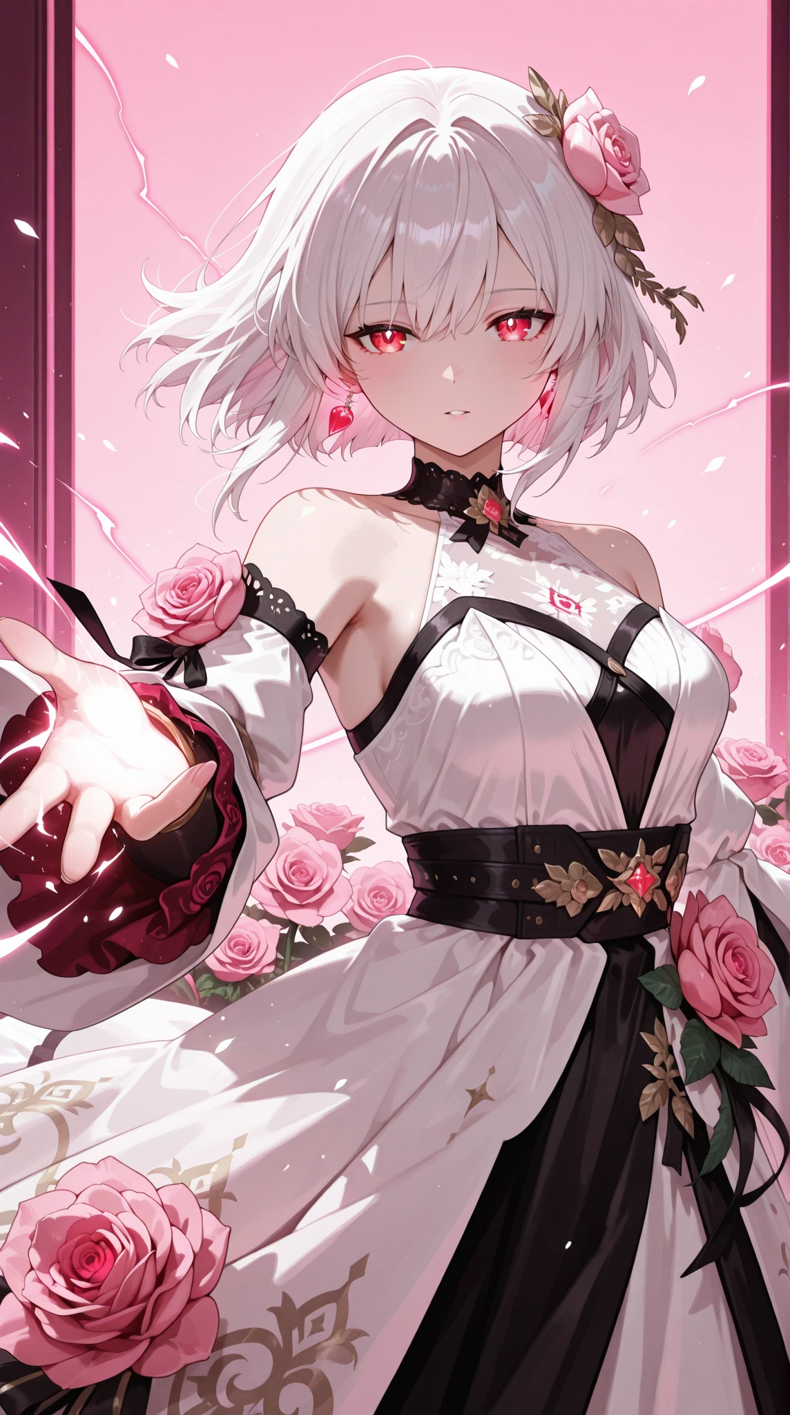 a girl with short white hair shoulder-length, red eyes, wearing a thin white dress, flower red pink big garder on top of a building