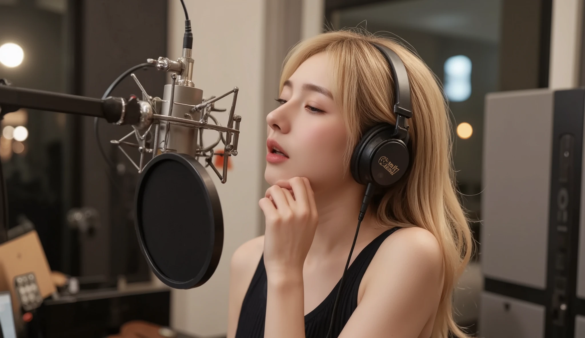 A beautiful Korean woman with a blonde ponytail singing passionately into a microphone in a professional recording studio. She is wearing modern stylish clothing, with soft lighting highlighting her features, and studio equipment like sound panels, a pop filter, and headphones visible in the background. The mood is focused and artistic