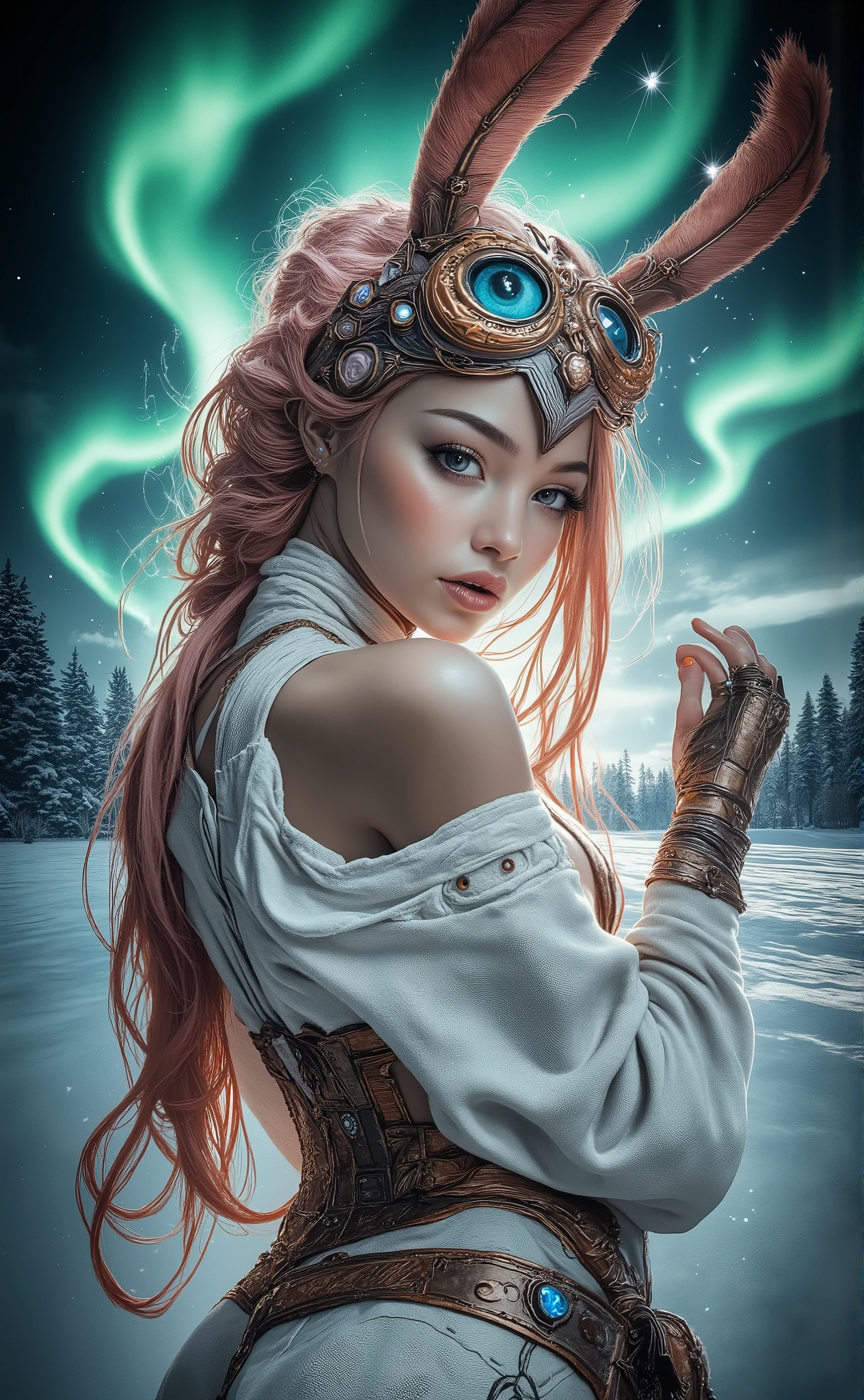 A portrait with raised shoulders, executed in a clear cinematic realism, with smooth movements and hovering snowflakes. An adult northern woman with alabaster skin and pale gray-blue eyes looks past the camera, her breath is noticeable in the cold air. Her hairstyle is very tall, incredibly complex, and consists of a bizarre tangle of strands, very long, coral-colored, decorated with blue pearls and looking like two tall, beautiful tails. Her deep-sea cape flutters behind her, and delicate snowflakes fall on the owl's feather trim. Her headdress depicts dragon eyes the color of pale snow opal and teeth the color of dawn steel in the shape of dragon claws, and in the center sparkles a cabochon the color of a misty rose. Her tunic, embroidered with soft bronze threads, gently sways in the wind. In the background is the northern lights in a dark sky, the quiet horizon of the tundra, softly illuminated by the shining snow driven by the wind. Color palette: winter greenish-blue (dominant), soft bronze (warm shade), dawn steel (cold shade), misty rose (accent), snow opal (variant), cloudy ash (neutral). Ultra-detailed frosty mysticism, hyper-realistic textures, emphasis on hairstyle.