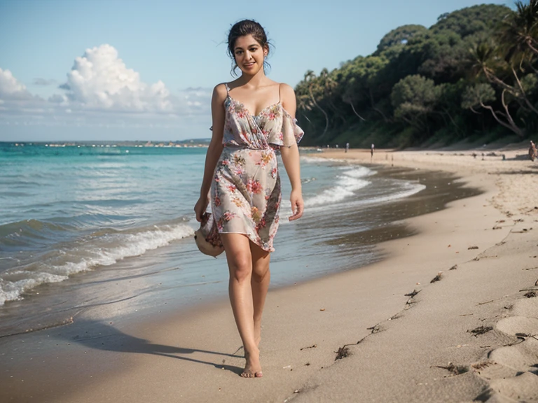 A beautiful curvy maxican woman wearing a beautiful dress and sweet smile, is posing on beach overlooking the ocean