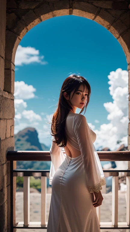 a lot of details, (slender waist), 30 years old, detailed black hair, beautiful detailed hair, super fucking beautiful, complex details beautiful and delicate eyes, perfect hands, (small breasts best quality), perfect and delicate limbs, detailed skin, best quality, ultra-detailed,
impressive panoramas,(A very delicate and beautiful girl is flying in the sky. She has a very delicate and beautiful face:1.2), (full body:1.2), (back shot:1.3), posing, long hair floating everywhere, happy, (white backless dress), beautiful blue sky and white clouds, (Japanese castle above the clouds:1.3),