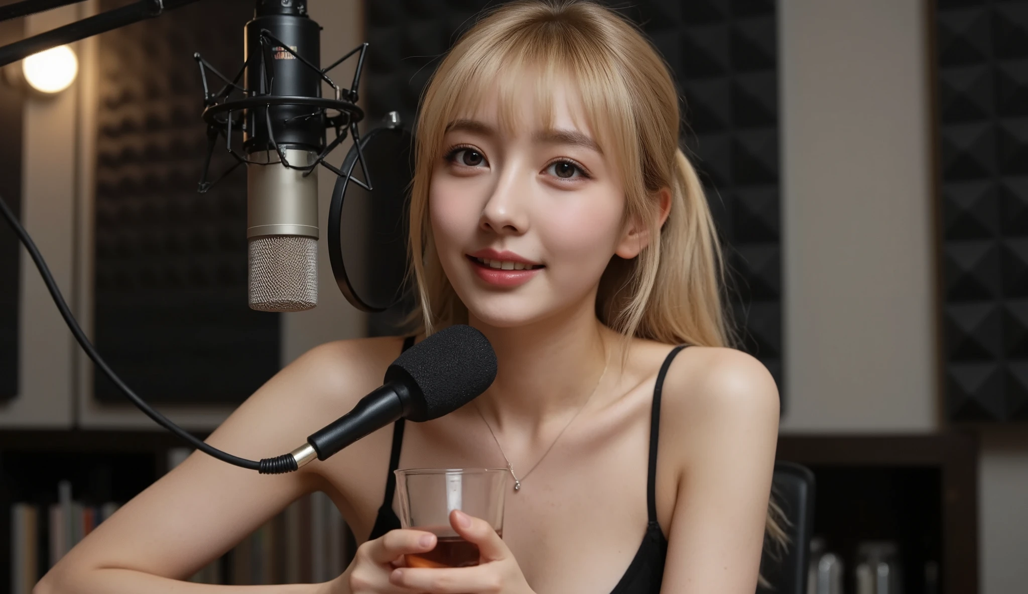 A 35mm lens half body photo of an attractive young korean(Europe40%) 30yo with a blonde ponytail singing passionately into a microphone in a professional recording studio. She is wearing modern stylish clothing with big , with soft lighting highlighting her features, and studio equipment like sound panels, a pop filter, and headphones visible in the background. The mood is focused and artistic. 6000k white balance, This scene was captured using Canon EOS R5 cameras, ultra high Resolution, High Detail, Well-proportioned hands, Crisp details, Picture perfect, Flawless, sharpness, Lean forward on a table with both elbows, hold the drink between your palms, and look up with a bright smile.