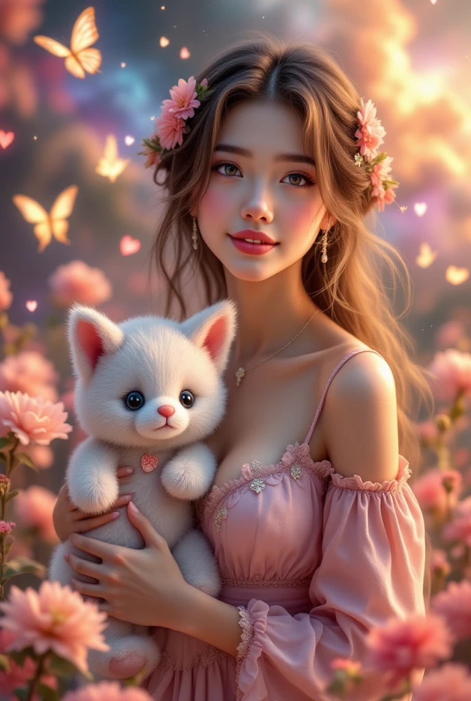 A cute woman (age 20, giga breasts, sheer night gown brightly colored, no underwear) is rolling in a field of flowers at night playing with her teddy bear, sultry poses to viewer