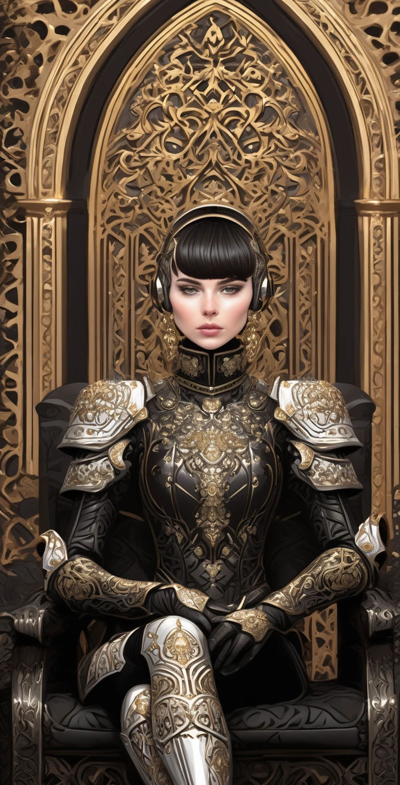 helmet, stylized digital artwork.  pale skin, short hair, Hair Straight Bangs. Her outfit is a combination of black and white with gold details, adorned with intricate metallic details,  She wears a black turtleneck under her armor, and its earrings are long and ornate. seated on a great throne , The background is a cathedral with a Gothic design