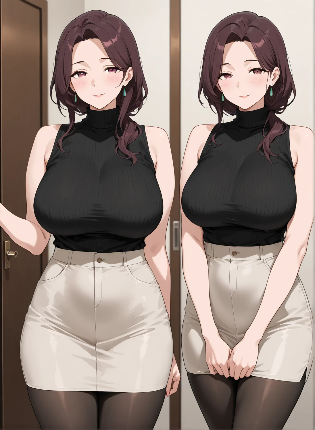 (master pieces),8k,best quality,(1 girl:1.3),(solo:1.3),full body,36 years old,milf,(mature female),black hair,twintail hairstyle,black eyes,gigantic breasts,large breasts,sagging breasts,(sweater:1.3)+(jeans:1.2),