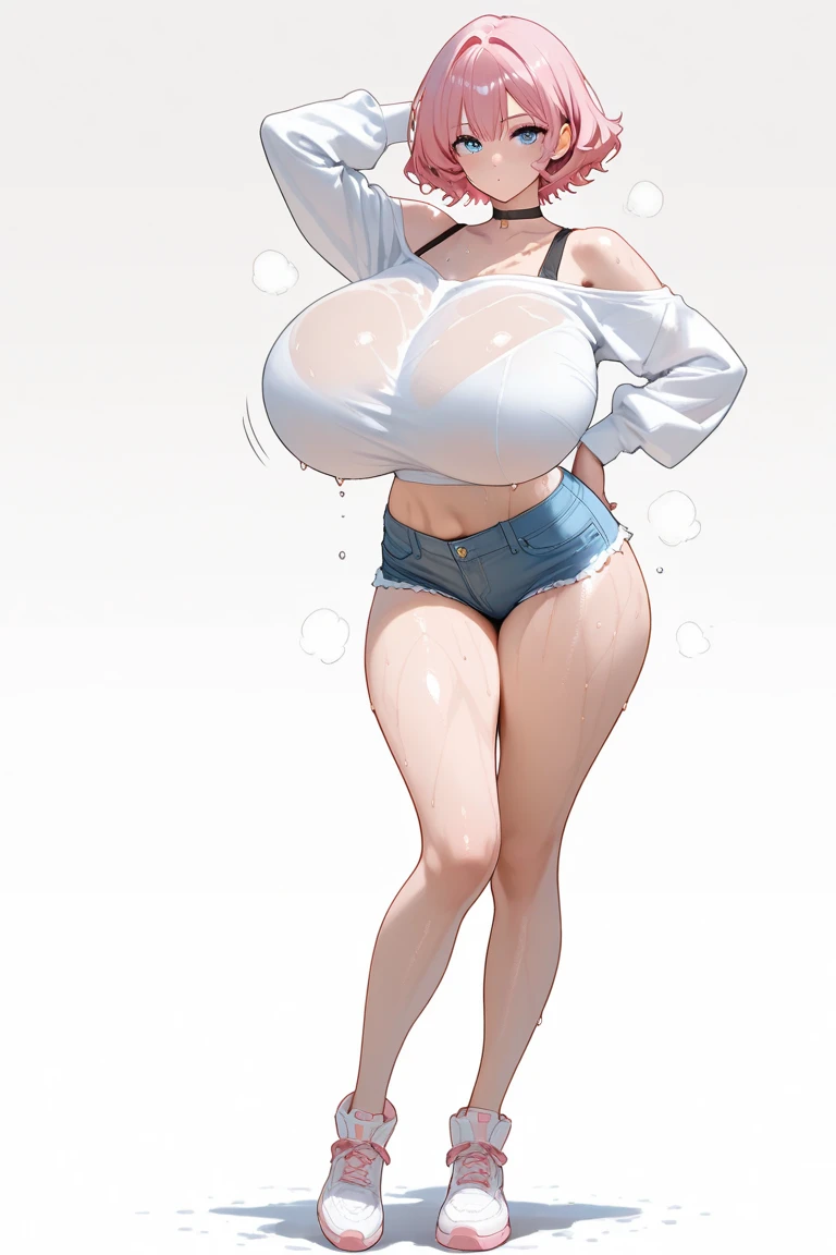 Ultra-high resolution, 8k,high quality,(((Ultra-short stature,Gargari body,Slender,T-Shirts,Shorts、Cute hairstyle))),(Landscape angle,Cunning Hand),(iridescent light,soft shadow,Anime Painting,thin line drawing),One Little Woman,(((gigantic breasts,mega breasts,enormous breasts,ultra gigantic tits:1.3))),