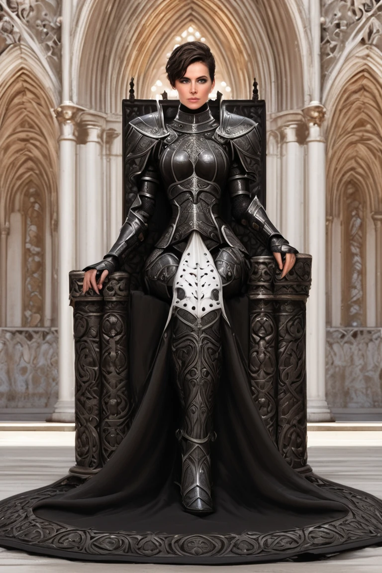 Women, short hair, large black armor with white details, barefoot, throne, cathedral background ,