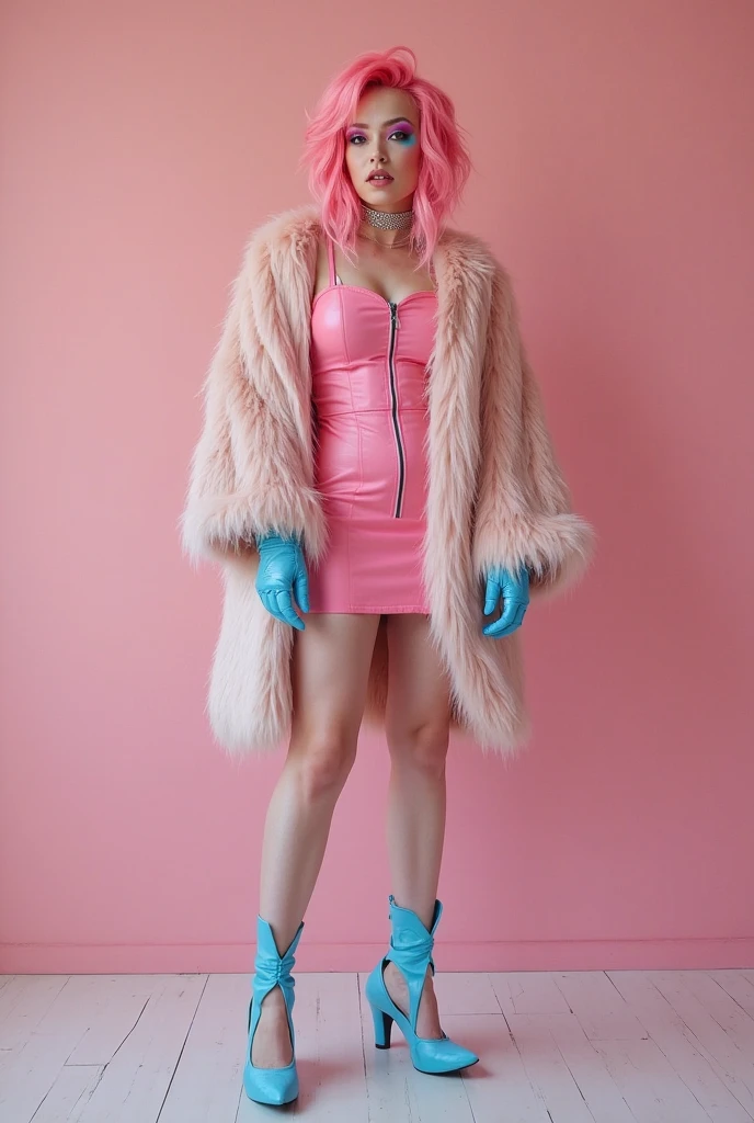 pink fur, short and straight, showing her naked ass