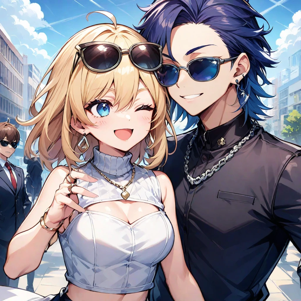 man and woman, couple, love, mature, a cat woman, she has freckles, she has dark brown eyes and an upturned nose, she is happy and smiling, she has long wavy hair, black hair, she is wearing aviator sunglasses with clear lenses in a soft watercolor style. The girl's clothes must be pink, purple, and blue in celebration of the bisexual, with stains of ink and watercolor mixing and filling the scene. he has blonde hair, he is handsome, he is slim. There should be a subtle, nuanced change in colors using the impasto technique with gouache paint. There should be a light rain in the watercolor painting with a little watercolor paper texture and a pastel background.