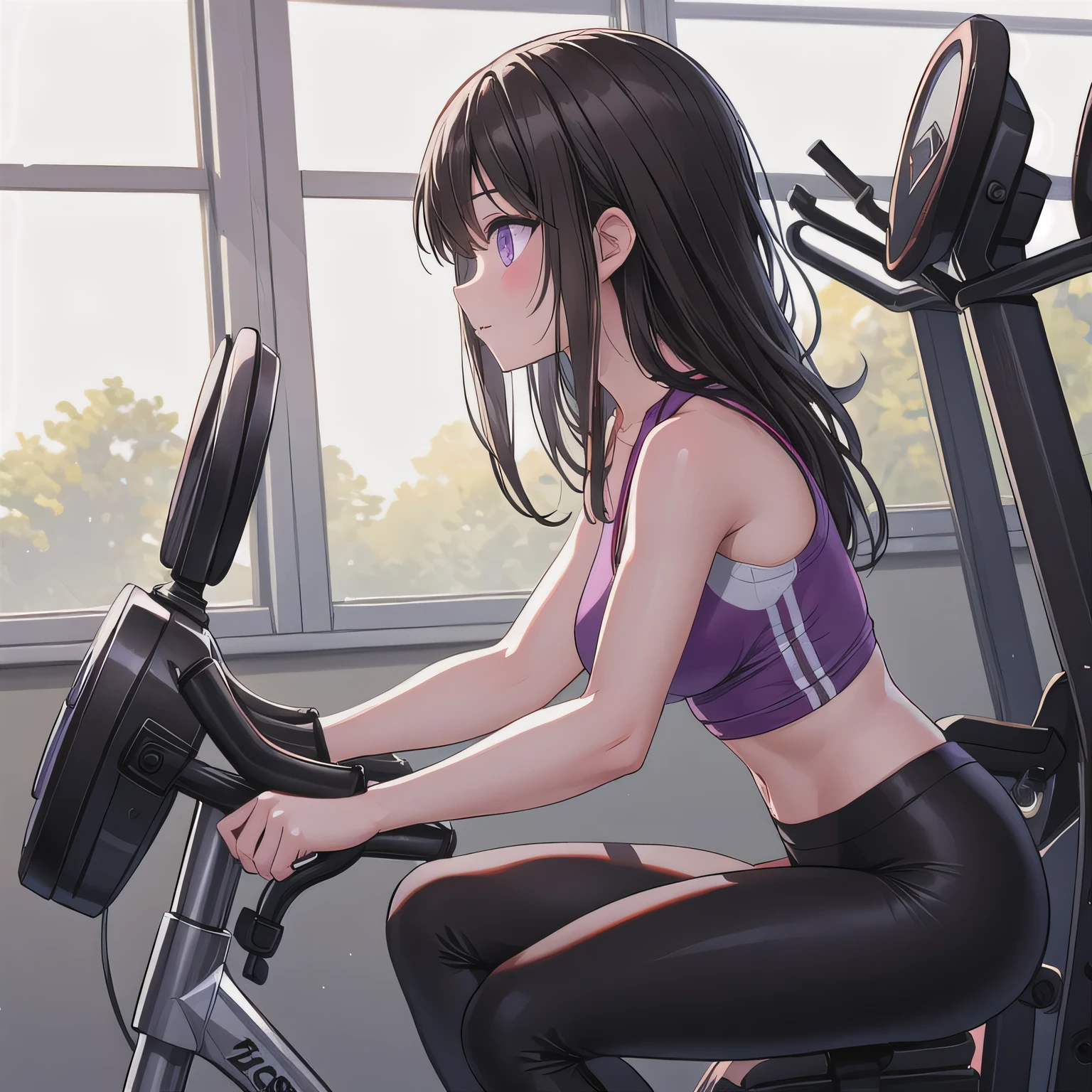 A fitness gym, a person training on a stationary bike, side view, bright morning sunlight through large windows. dark hair, long hair, purple eyes.