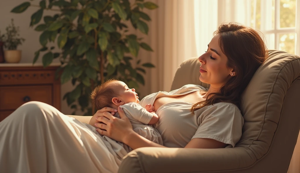 An image showing a woman one month after giving birth, resting comfortably in a well-lit living room. The woman is sitting in an armchair or sofa, with her baby sleeping on her lap. She looks calm and happy, with a slight smile as she looks at her baby. Around her, You can see some details that suggest that you are enjoying your financial well-being: perhaps a nearby table with a cup of coffee or tea, A mobile phone showing a notification of a recent bank deposit, or some detail in the decoration that suggests comfort and stability. The scene is cozy and warm, with soft colors and an atmosphere of tranquility.