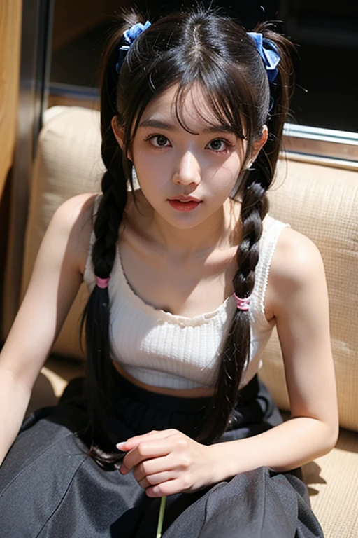 table top, highest quality, 8K, 15 year old naked girl, small breasts、((Big eyes))、(((smile))),学校のclassroom,(((view audience))),RAW photo, absurd,(((nude))), award winning portrait, smile, alone, daytime, idol face, delicate girl, Upper body, Digital single-lens reflex camera, looking at the viewer, Frank, Sophisticated, thin arms, Soft rays、professional lighting, chromatic aberration, (Eye and face details:1.0), ((realistic))、1 girl, ((Female Student Uniform)), look at the audience, young face、Satisfied look, (( open your legs、open your legs、Main crotch)),show your chest、classroom、chest comes out、(((short twin tails))),short hair