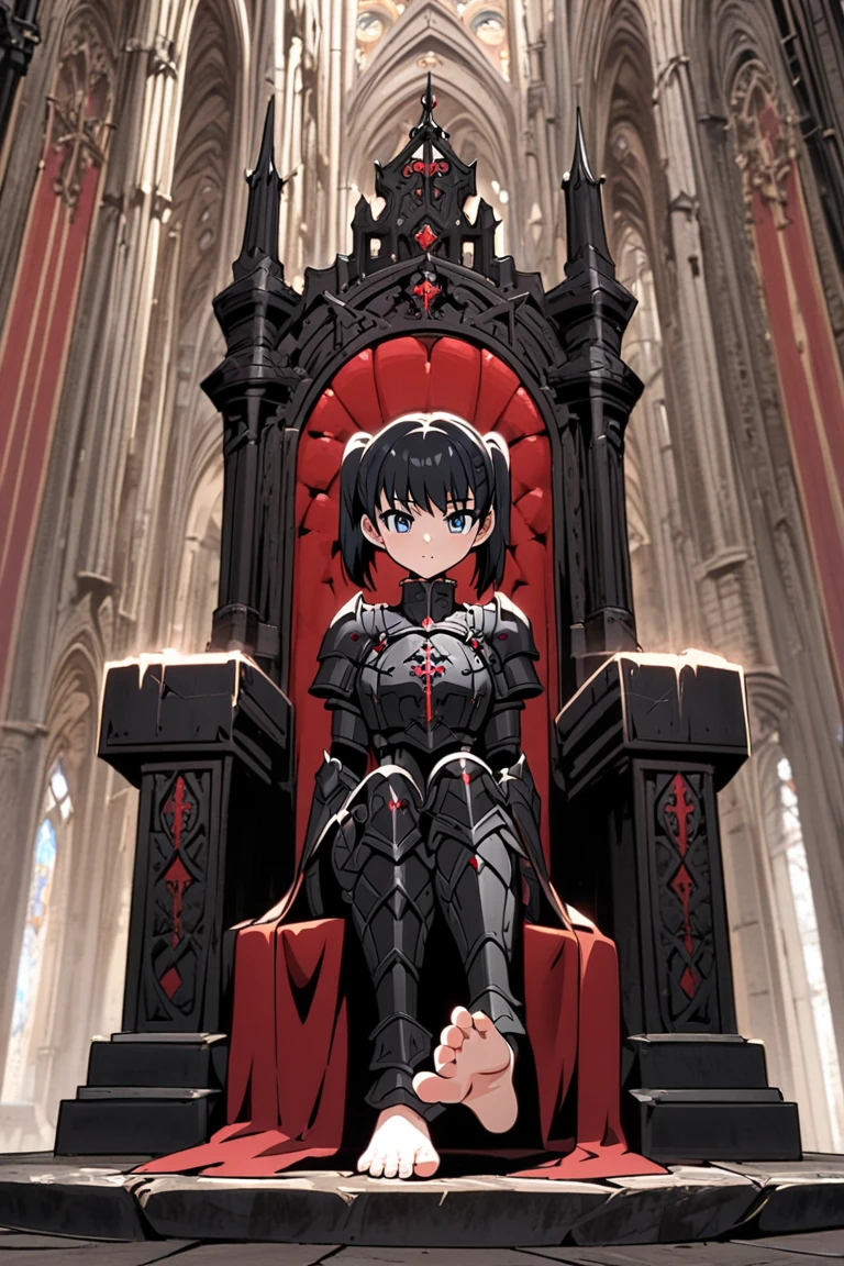 Anime style, Woman, short hair, twintails, large black armor, armor white details, barefoot, detailedsoles, fivetoes, throne, cathedral background, 