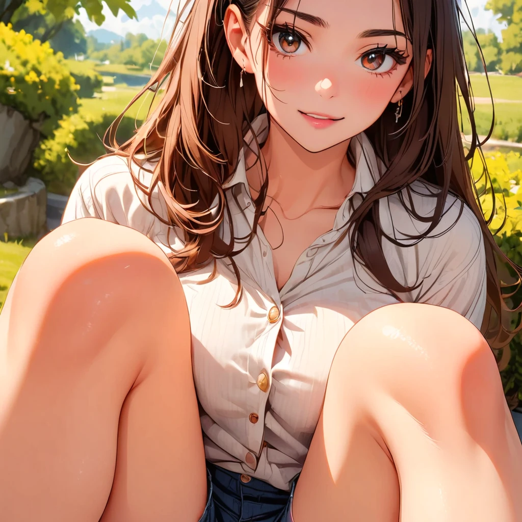 NSFW,(Natural finger shape:1.5),((Full Body Shot,Including face)),4K,masterpiece,((Focus on the face)),((Symmetrical facial features)),Eye for detailed depiction,Beautiful woman,Excellent style,Beautiful feet,(Small Ass,Thin thighs),Facial detailing,Small earrings,Low angle photo,((T-Shirts、hot pants)),Stretching exercises in a park surrounded by lush greenery early in the morning,blue blonde,Close-up photo of the upper body