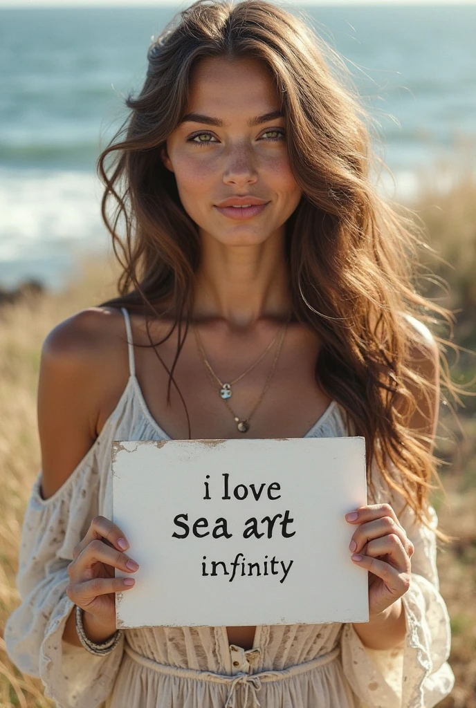 Beautiful girl with wavy long hair, bohemian dress, holding a white board with text "I Love Seaart Infinity" and showing it to the viewer