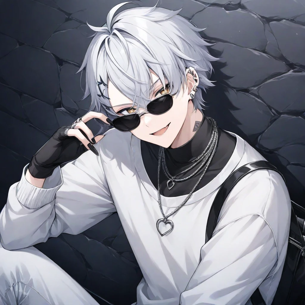 (((male:1.3))),((Silver Hair:1.3)),(Shining marble eye:1.45),Outdoor,((Laugh mischievously:1.1)),((smile),((coat)),((whole body)),Shot from above、jeans、((Belly button))、Undershirt、