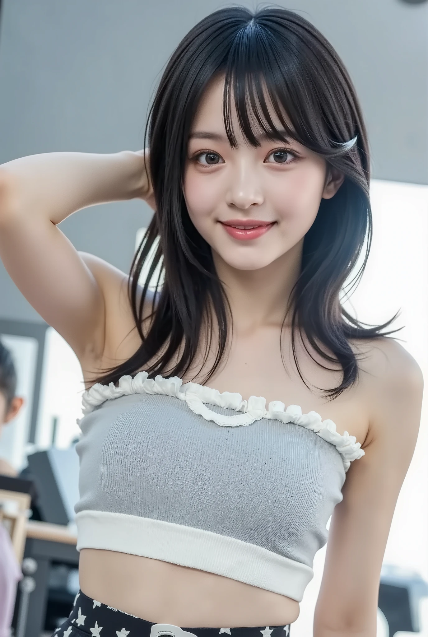 {{Focus on face: 1.8},{{Focus on eyes: 1.8}},{{{Best quality: 1.8}}}, {Best quality: 1.8}, {:1.8}},,{Natural makeup: 1.8},{{Clear eyes: 1.8}, {Transparent white skin}, {Professional lighting)}},{High precision selection},{{{{Upper body photo}}}},{{Single high school girl: Smiling: Chest: Nipples}},,{Red cheeks: 1.6},,{{{{Smile: Big double eyelids: Mascara: Under-eye bags: Long eyelashes: 1.8}}},,{{Eyeshadow: 0.8}},{{{{See-through-white tank top-nipples: 1.8}}}},{{Bob cut: Princess cut: Ponytail: 1.8}},{Hands behind head: 1.8},,{{Blurred white background: 1.8}}