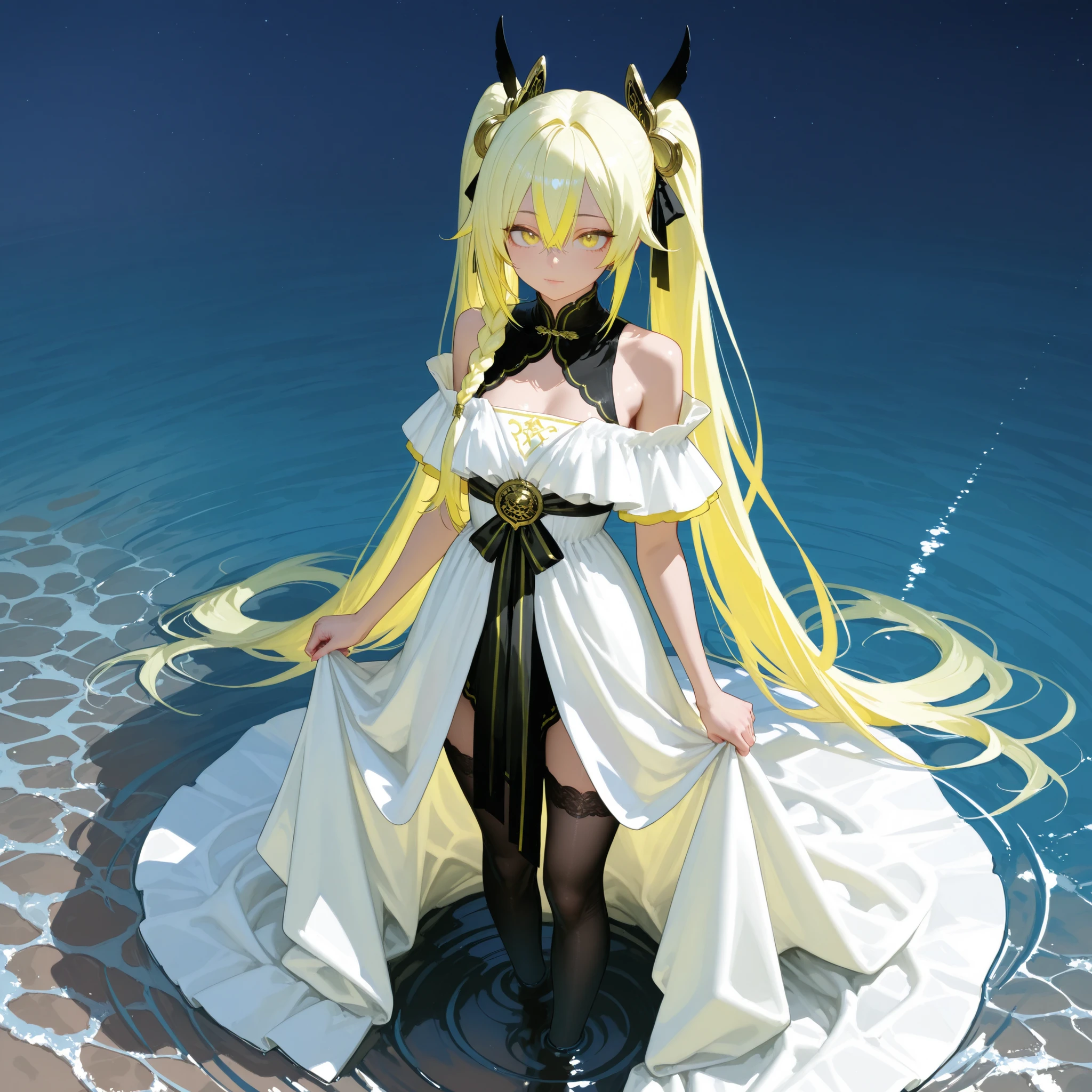 exquisite realistic style , Master Level , EXTREME DETAILS , Photo-Realistic , professional post-processing ,Masterpiece、anime style、best quality、high resolution、8k,,starlight,Conservative dress,Off Shoulder,Black gorgeous long dress,black transparent ribbon,black stockings,standing on the surface of the water,the side of the sea reflects the night sky,ripples flowing on the surface of the water,ridiculously long hair,Aqua yellow hair,Side braid,Hair accessories,Side hair, hair between eyes ,split bangs,water yellow eyes,Double ponytail empire