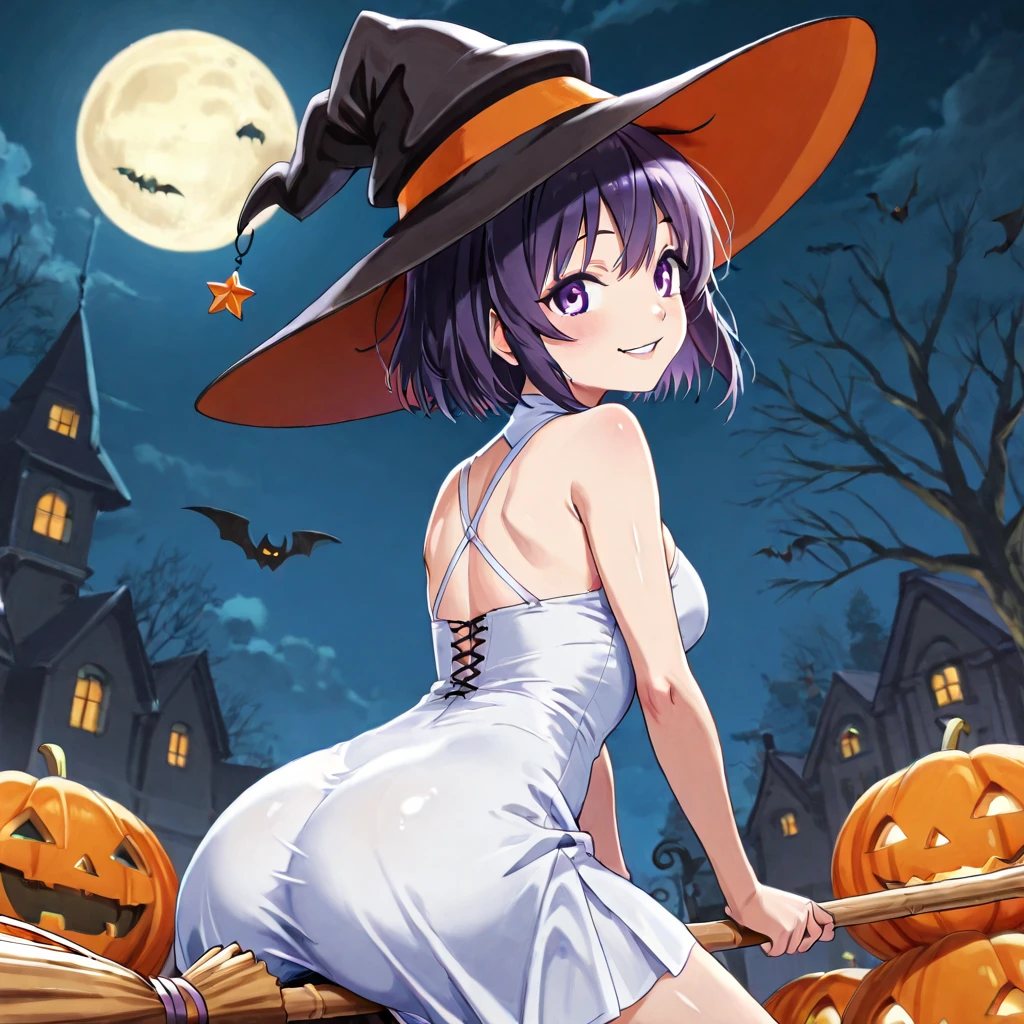 Halloween, Halloween theme, night, short hair, purple hair, purple eyes, flat cheast, flat tits, no clothes, naked, trick or treating, bandaged body, bandaged arms, bandaged cheast, bandaged tits, bandaged legs, bandaged foot, bandaged pussy, bandaged clothes, mummy suit, egiptian mummy suit, naked, mummy costume