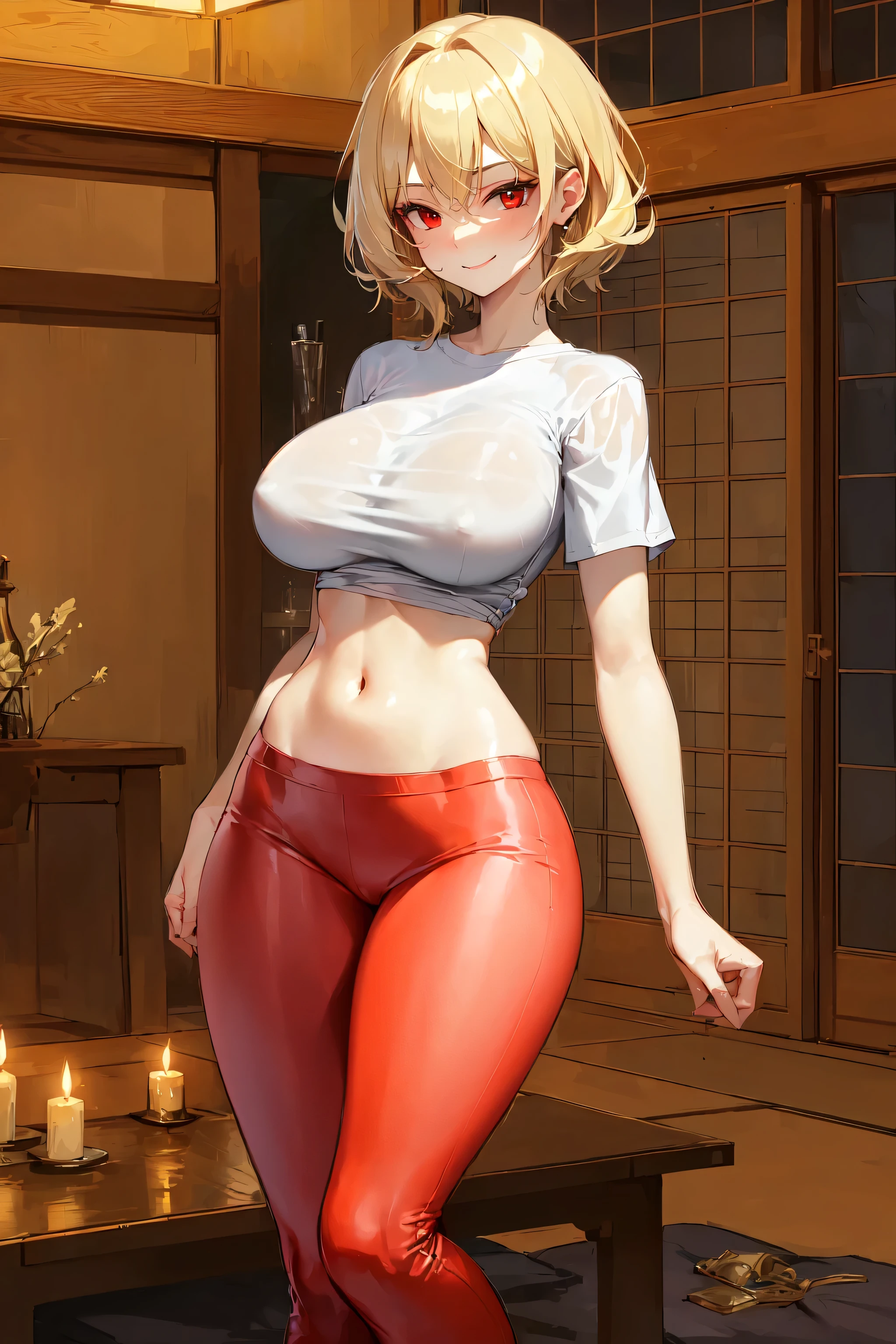. name zoe. 20 year old teenager, beautiful angelic face. Red eyes. White skin color. height 1,70, retail physicist, large and firm breasts, Short blonde hair. Clothes, T-shirt at the height of the abdomen. tight red pants. body detail, straight and firm posture looking towards the camera with a happy smile