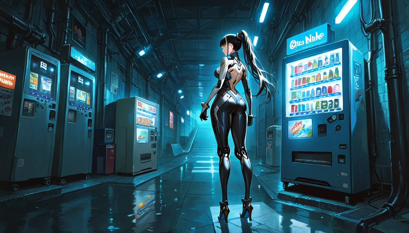 comic of a heroine of the city, ((carrying a vending machine over her head)), (masterpiece), intricate details, best quality, (stripy skimpy side-boob bodysuit), cape, (standing dynamic pose), atmospheric, dark dimly lit, short white hair, ((voluptuous)), extremely detailed