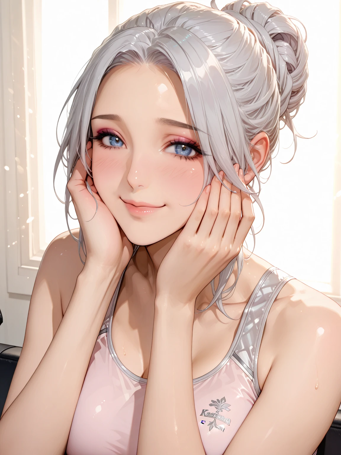 (((masterpiece))), ShizukaMikazuki, One Girl, alone, View your audience, Gray Hair, Cleavage, ((Very large breasts)),Big Ass,blue eyes,Big eyes,clavicle, Mature Body,Attractive body,(Trained abdominal muscles),High resolution, highest quality, super high quality,3D Images、Kumiko、3D Images、A bed with a shining night view、Gray Hair、Wavy long hair、Very detailedな CG Unity 8k 壁紙, [3D Images:1.5],Attractive eyes、[[Fine grain、blue eyes、Shining Eyes:1.15]], , Very detailed,Thin fingers、Front view、Cinema Lighting、Make your face a little smaller,Black sports bra,Blushing,High Ponytail,Sweaty all over,White Breath,Black Ribbon,Charm choker,smile,Earrings,garden,Big eyes,Glossy red lipstick,(Pink Nails),Blur the background,(Big Ass),Tilt your head,dew