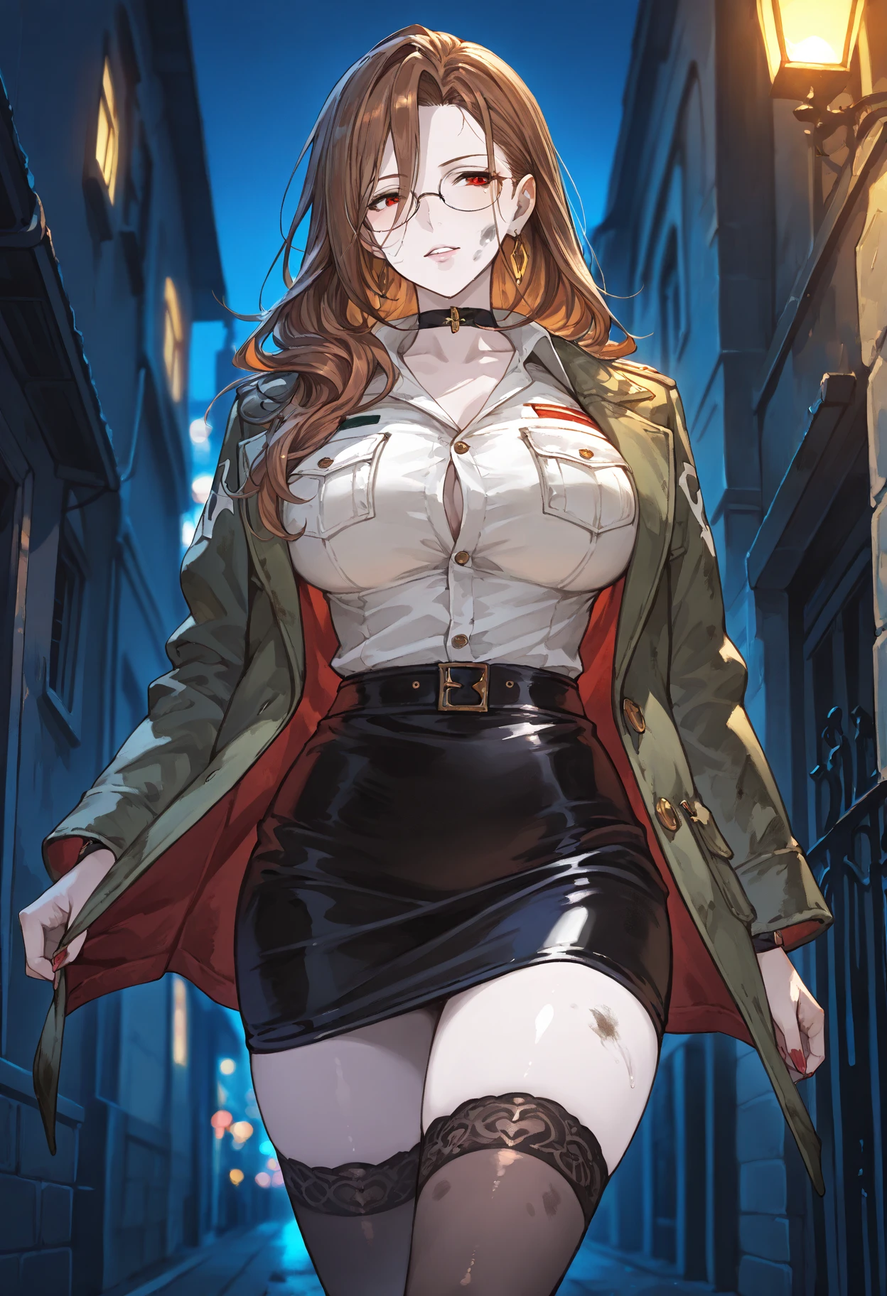 ((masterpiece、high quality、High resolution、4K, 8K, Blue archive official art、live-action)),detailed person、detailed face、detailed eyes、fine eyes、 (dripping sweat、oil skin,sparkling skin、realistic skin texture、detailed beautiful skin、shiny skin, big breasts、beautiful thighs, mature pretty woman、transparent eyes、sexy、(slender body and limbs,), (random pose) , ((clear eyes、double eyelid、big breasts))、((character : Aru Rikuhachima 、Blue Archive))、(A bright red long dress with no buttons and a wide open chest.:1.8)、brown coat with fur、night scenery、building at night、dark、lights out、grayscale:27、full of embarrassment、blush、bright red face、shy、((slender、beautiful feet、low length))、standing pose、((steam,sweat,wat))、(Dress with deep slit)、With a bewitching smile、red stiletto heels