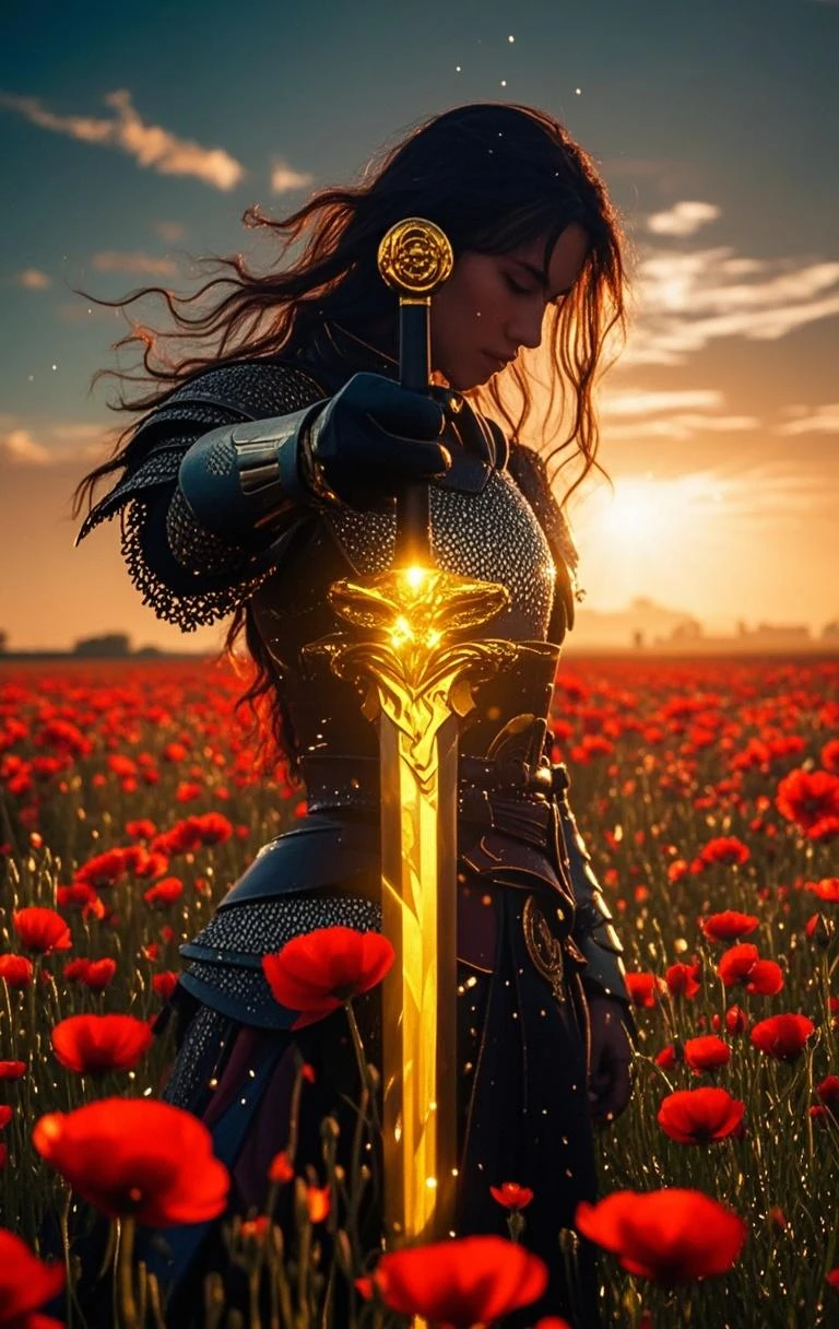 a woman in a knight armor standing in a field of red roses, detailed face, medieval, fantasy