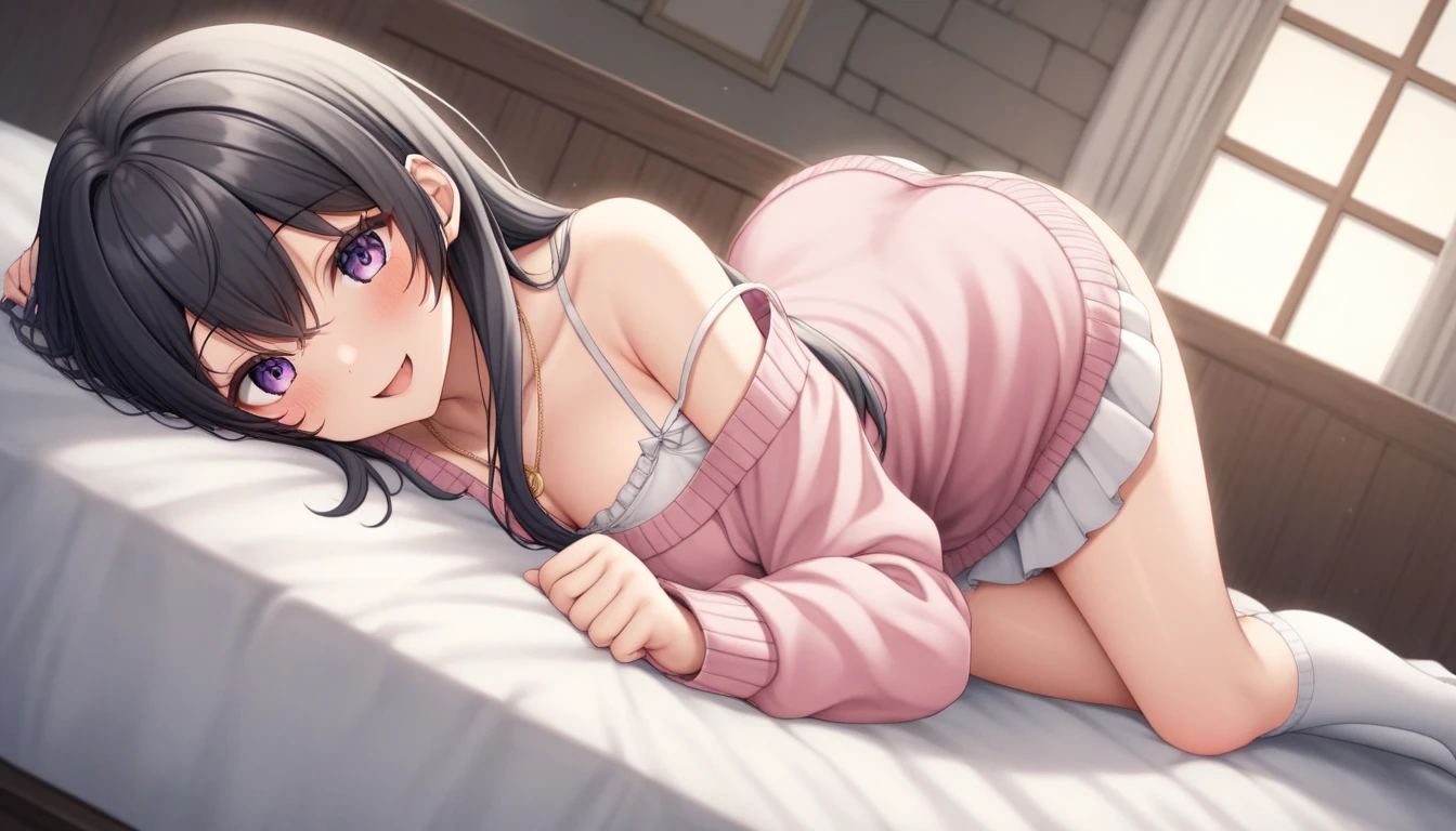 Top quality, 1 beautiful japanese woman, Nightgown, A-line Skirt, show panties, Early Morning Light